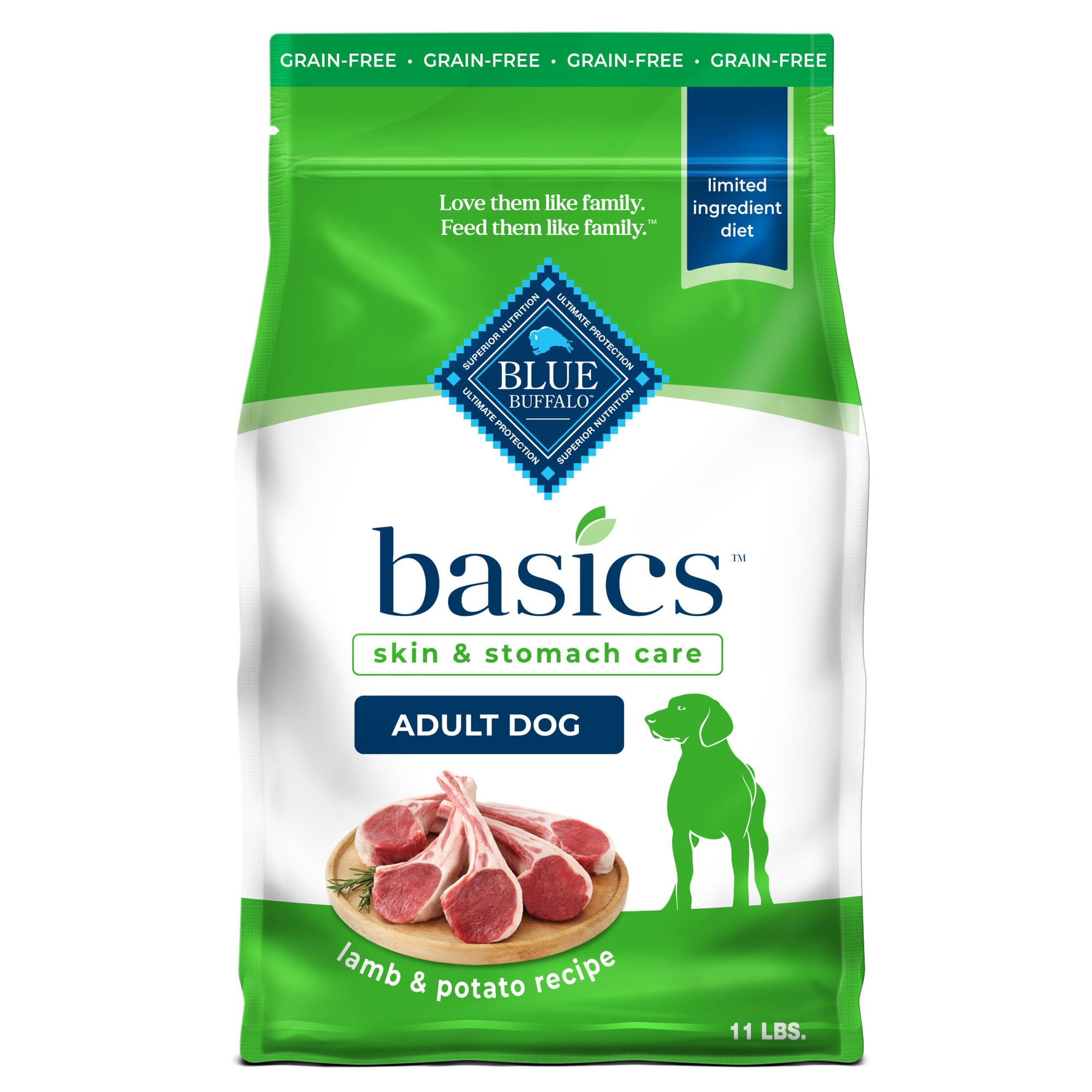 Blue Buffalo Basics Grain-Free Adult Dry Dog Food, Skin & Stomach Care, Limited Ingredient Diet for Dogs, Lamb Recipe, 11-lb. Ba