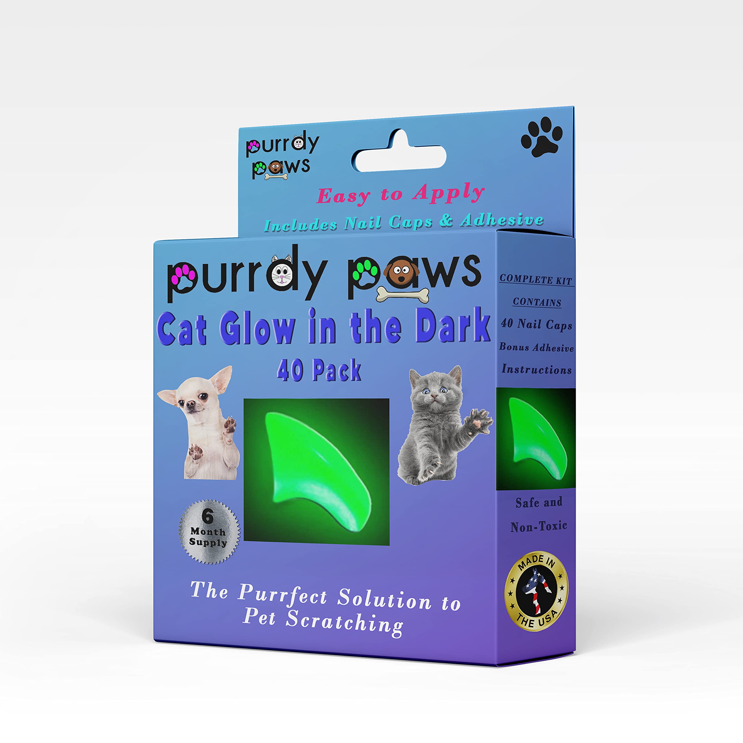 Purrdy Paws 6 Month Supply Soft Nail Caps For Cats Green Glow In The Dark Large - Extra Adhesives