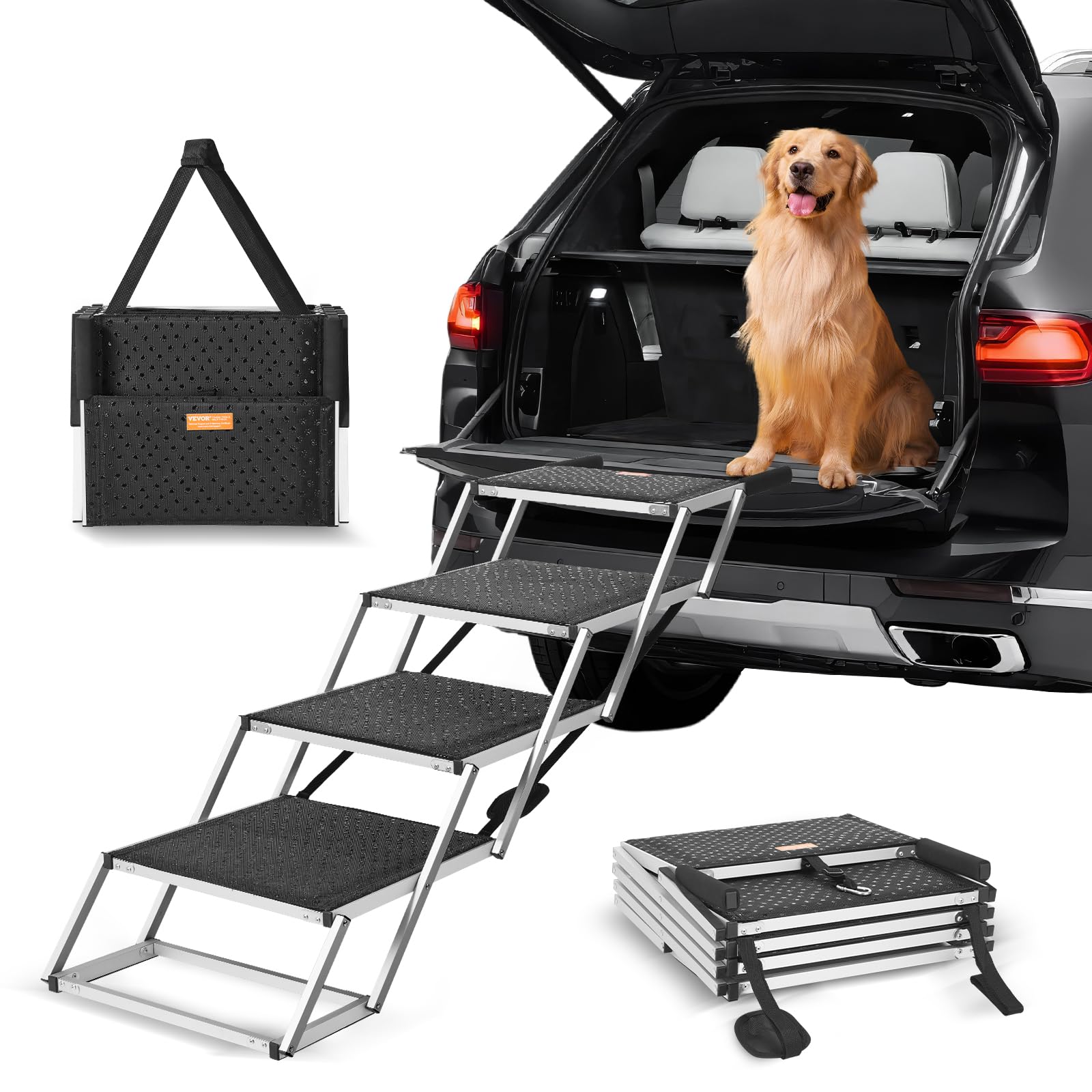 Vevor Dog Stair For Cars, Wide 4-Step Dog Car Steps, Folding Dog Car Ramp With Nonslip Surface, Portable Pet Steps Lightweight Aluminum For Car, Suv And Truck, Supports Up To 250 Lbs