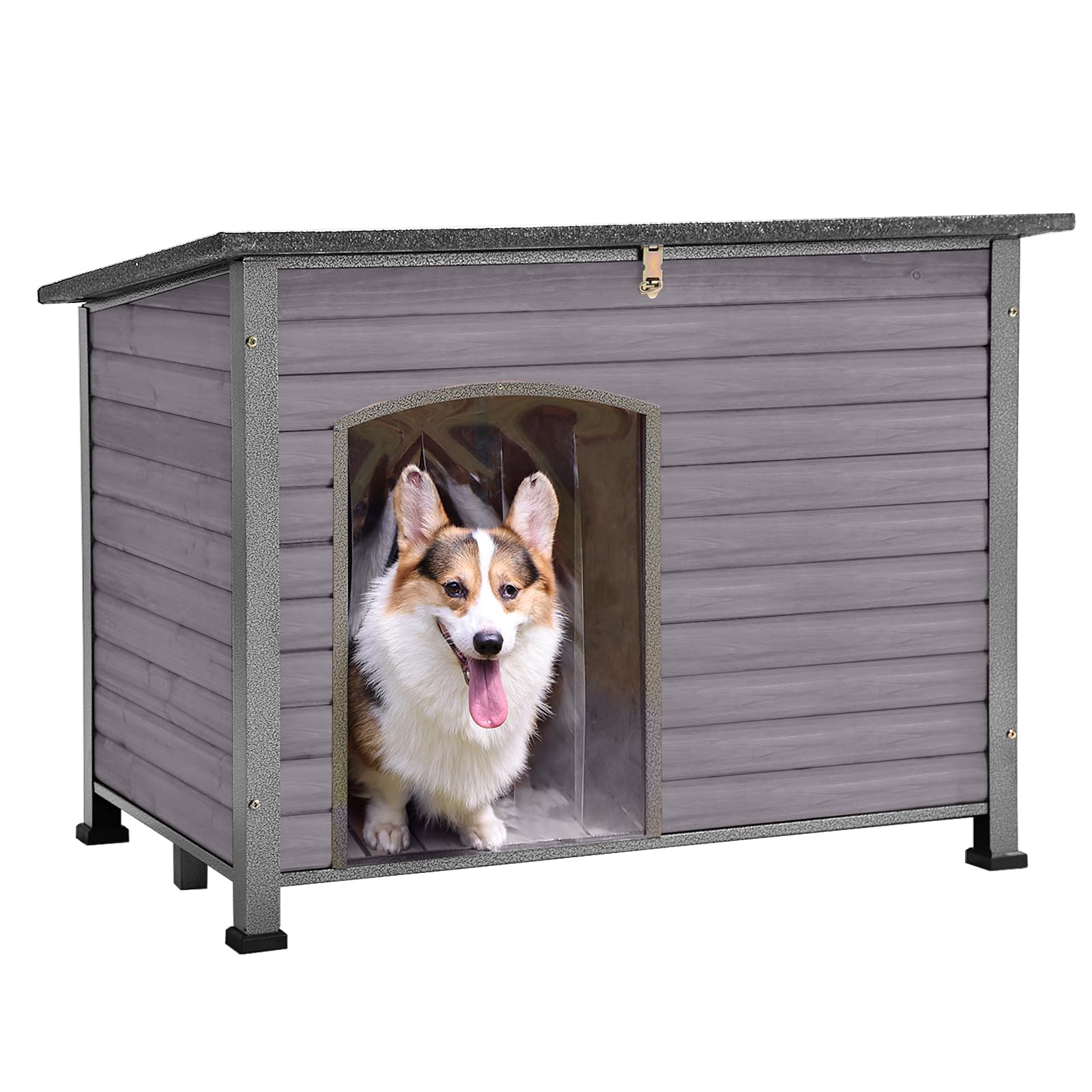Gutinneen Chew Proof Dog House With Metal Iron Frame Outdoor Dog Kennel For Small Medium Large Indoor Dog Cage (43.3'' L,Grey Co