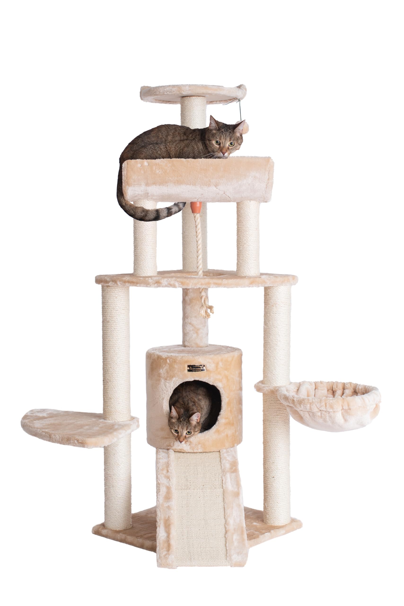 Armarkat Spacious Thick Fur Cat Tower Real Wood Furniture with Basket Lounge, Ramp, Beige A5806