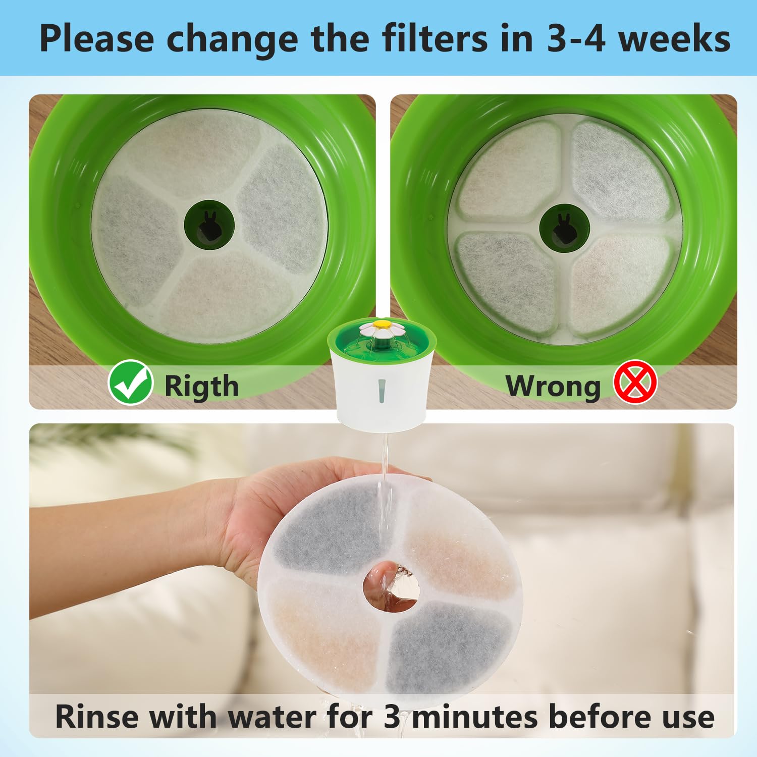 Pewingo Cat Water Fountain Replacement Filters, 6 Packs Pet Fountain Filters Triple Action With Resin And Activated Carbon Compatible For Cat Water Fountain 3L