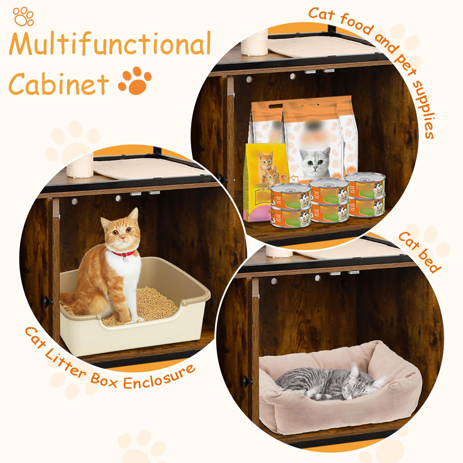 Cat Litter Box Enclosure Furniture With Caster, 45.5'' Tall Wooden Cat Tree House And Hidden Tower Storage Cabinet Combo, Indoor