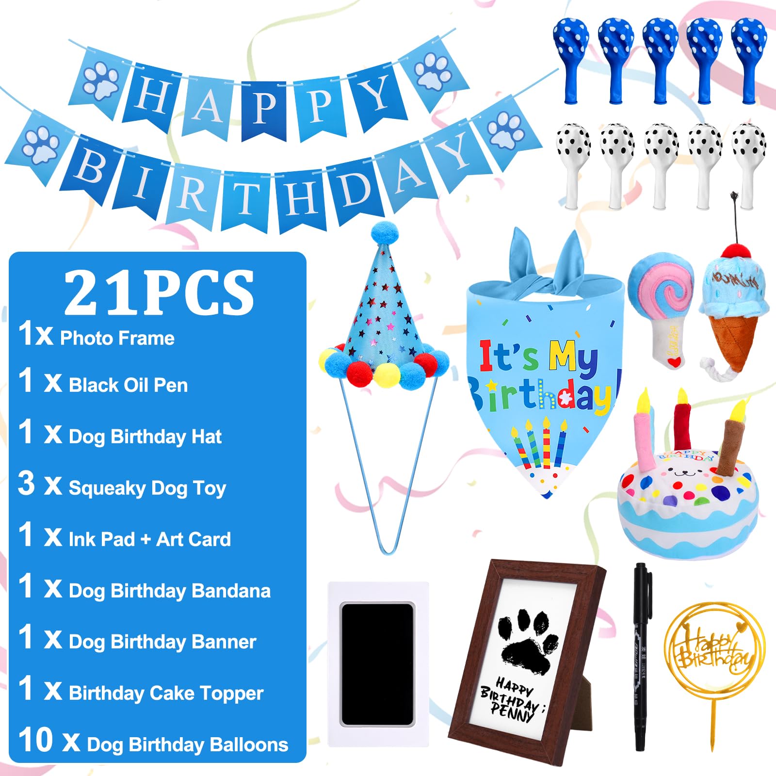 Baborui Dog Birthday Party Decorations Set - All-In-One Dog Birthday Party Supplies With Paw Print Kits, Squeaky Plush Toys, Bal