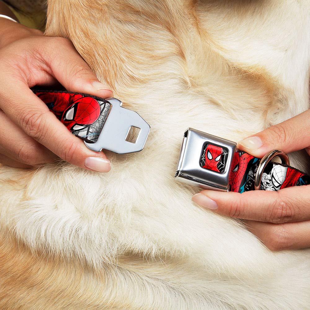 Buckle-Down Dog Collar Seatbelt Buckle Spider Man Action Poses Comic Scenes White Black Red, Multicolor, 1.5' Wide - Fits 13-18' Neck - Small (Dc-Wspd039-Ws)