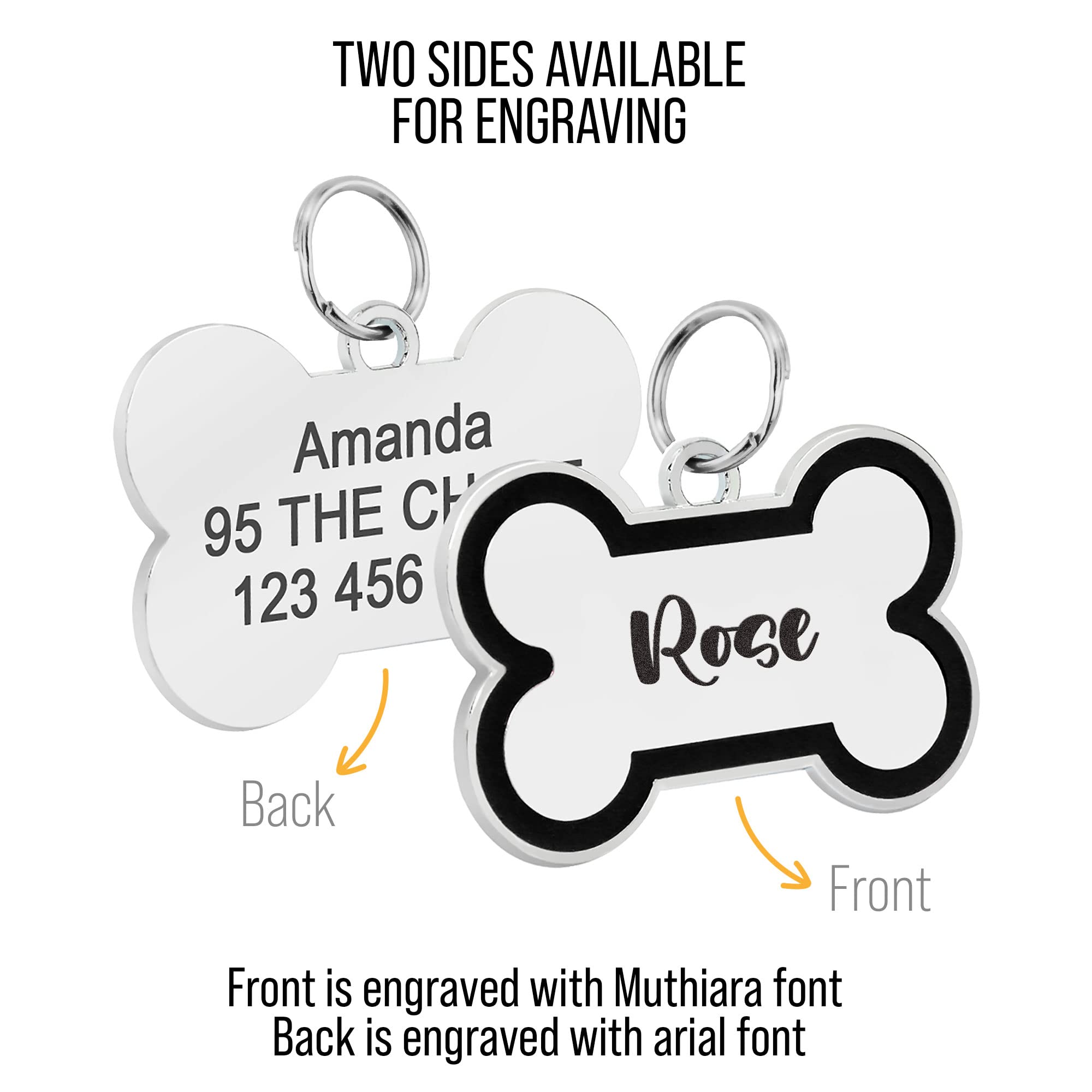 Fancy Dog Id Tags Bone Shaped Stainless Steel Custom Laser Engraved Both Sides With Up To 4 Lines Of Text, Pet Name Tags Persona