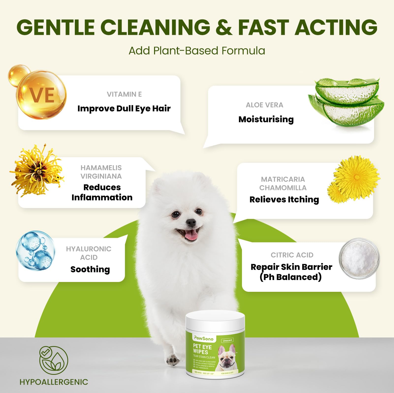 PawSono Eye Wipes for Dogs & Cats, Hypoallergenic Dog Eye Wipes Cleaner, Soothing Cleaning Grooming Pet Wipes Gently Remove Tear