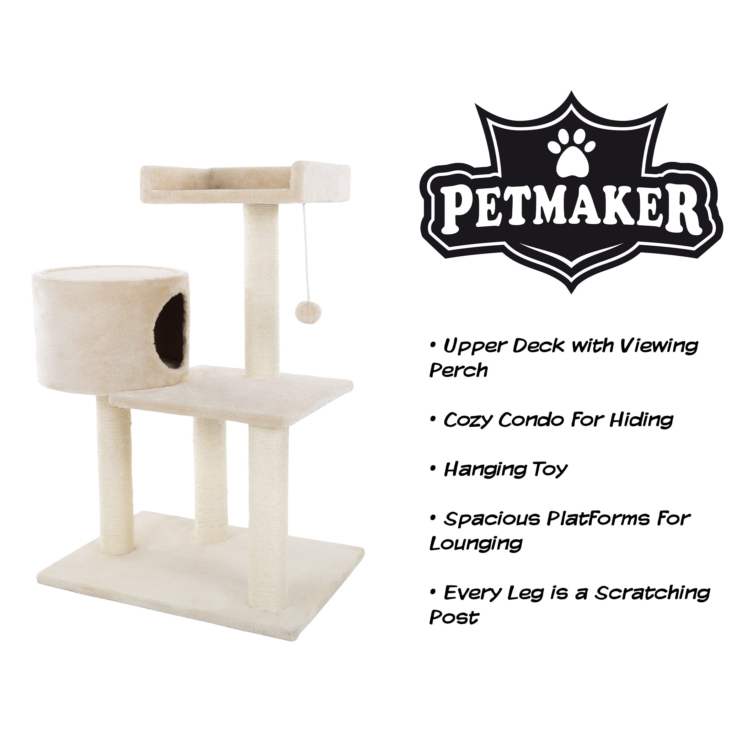 3-Tier Cat Tower - 2 Napping Perches, Cat Condo, 4 Sisal Rope Scratching Posts, Hanging Toy - Cat Tree For Indoor Cats And By Pe