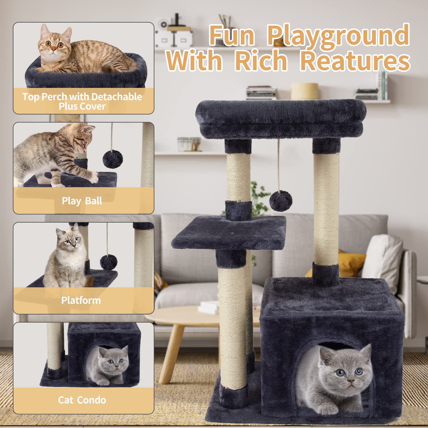 Fish&Nap Us11Yh Cute Cat Tree Kitten Cat Tower For Indoor Cat Condo Sisal Scratching Posts With Jump Platform Cat Furniture Activity Center Play House Smoky Grey