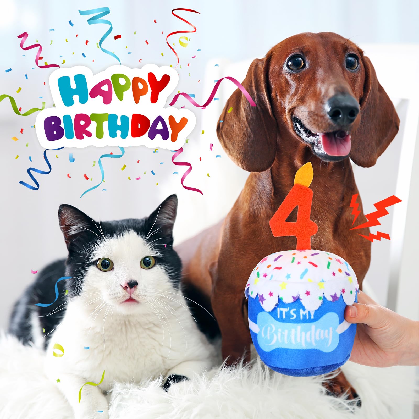 Dansydaisy Dog 4Th Birthday Cake Toy Accessories For Girl Boy Gifts, Blue Squeaky Plush Toy For Dog Birthday Party Decor Favor F