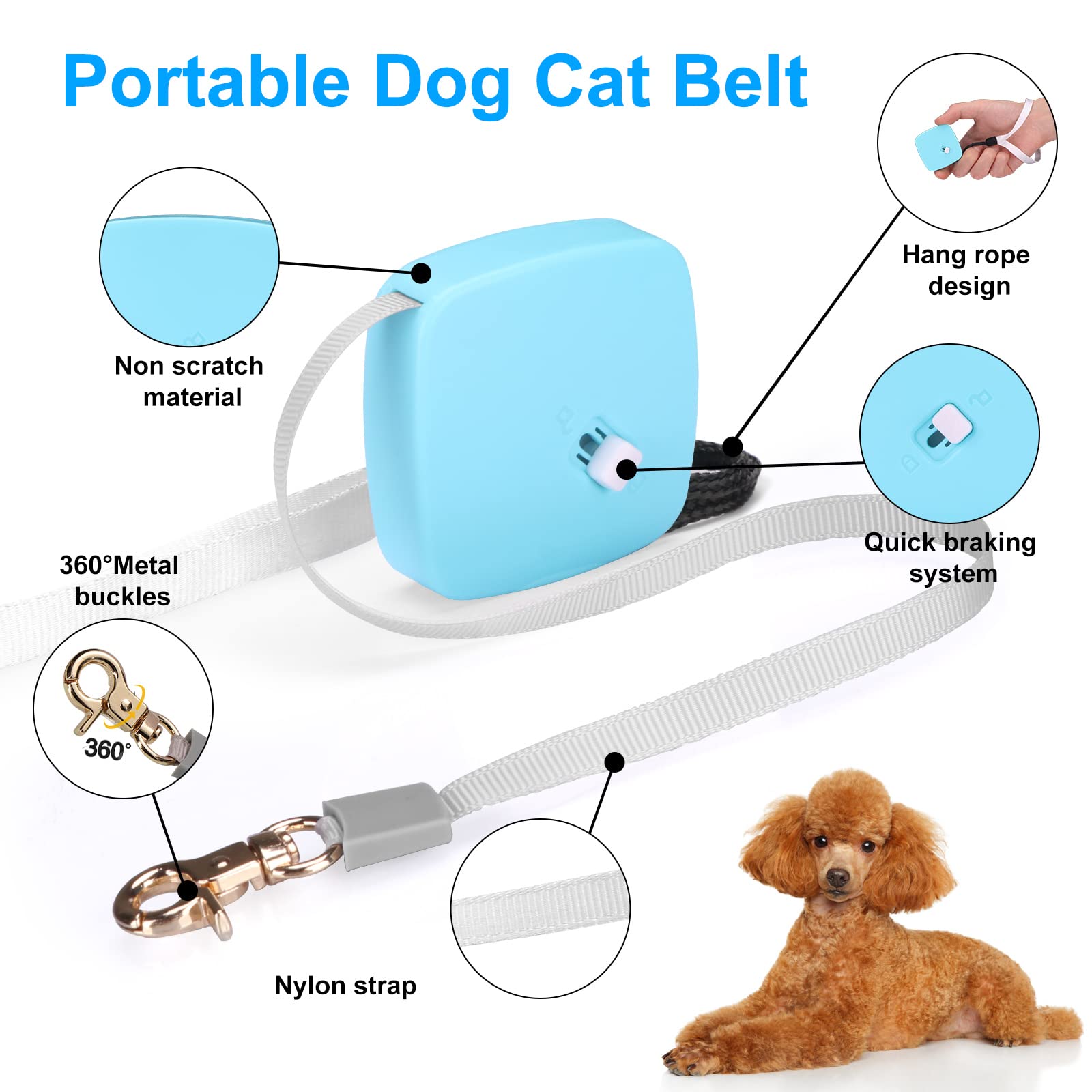 Retractable Dog Leash For Small Dogs Cats Up To 11Lbs With 6.5Ft Anti-Pull Strong Nylon Tape, Hands Free, Mini And Portable Walking Leash With Wrist Strap, One-Hand Brake, Blue Square