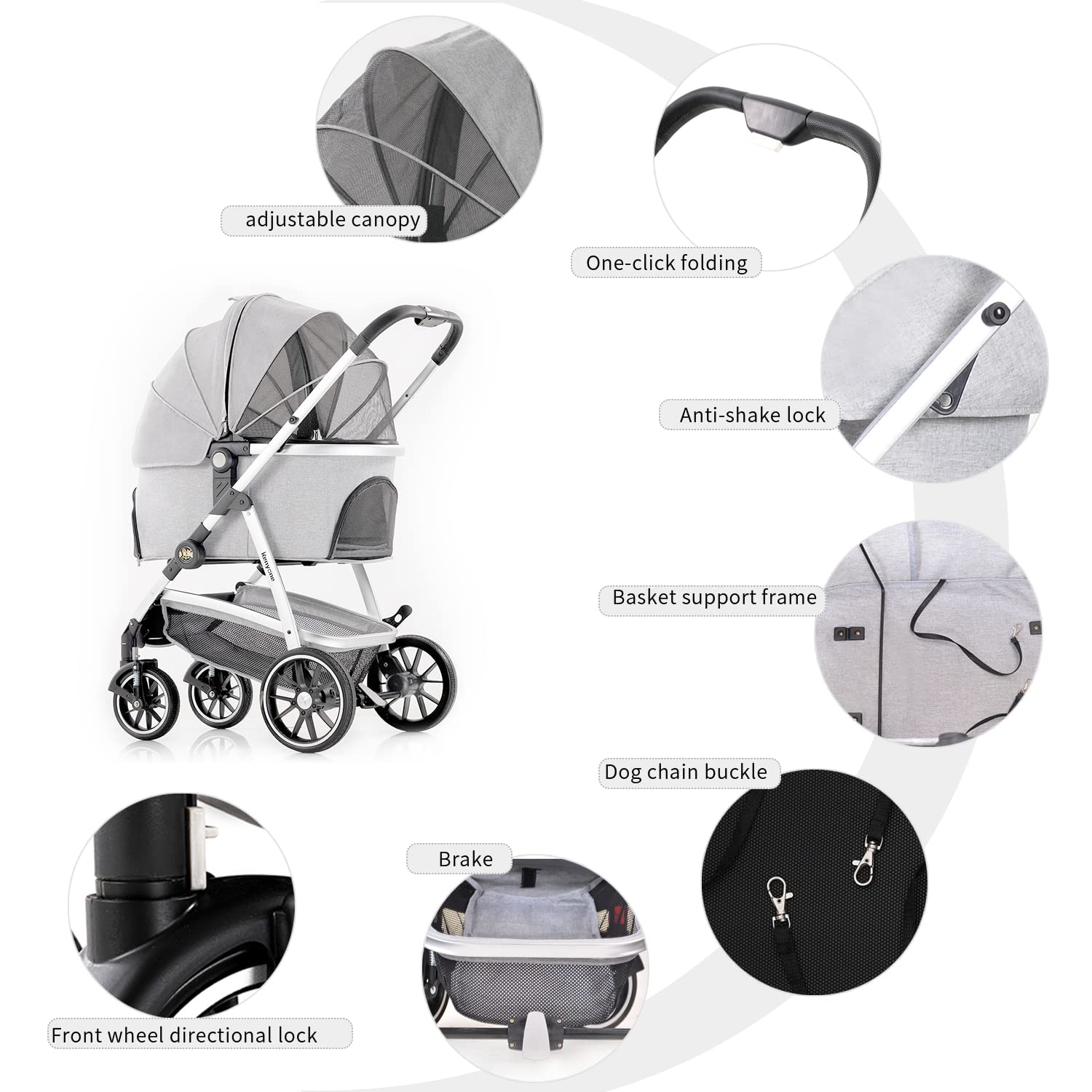 Kenyone Pet Stroller, 3 in 1 Multifunction Pet Travel System 4 Wheels Foldable Aluminum Alloy Frame Carriage for Small Medium Do
