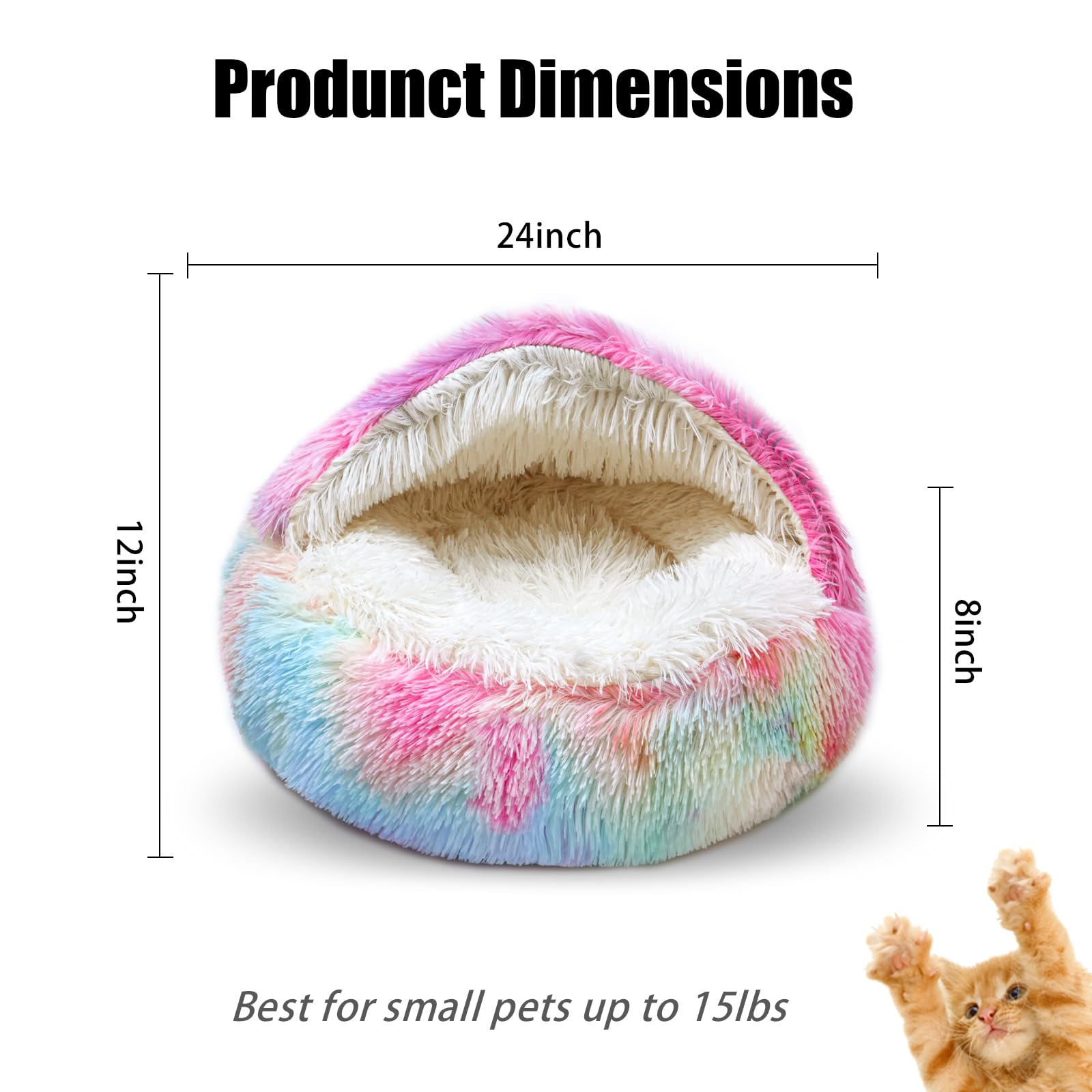 Dazzle Calming Dog & Cat Cave Bed With Washable, Anti-Slip Faux Fur Cover, Comfortable Warming Pet Bed For Small Medium Pets (24