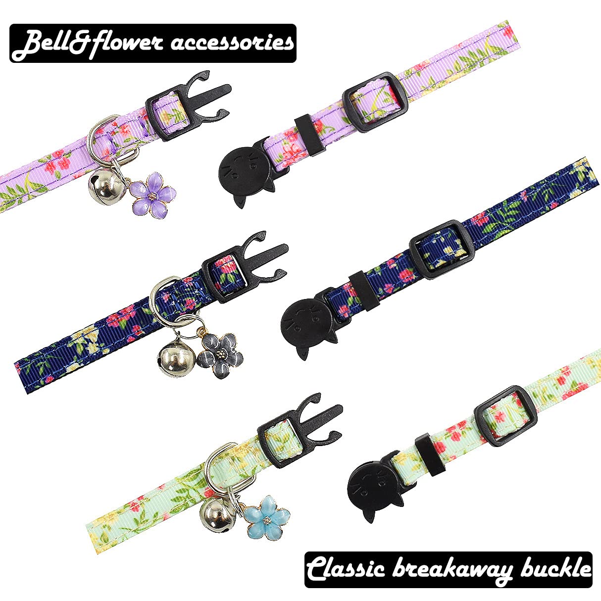 3 Pack Breakaway Cat Collars With Bell And Accessories, Flower Pattern Adjustable Cute Kitten Collars Floral For Kitty Puppy 7.5-11In …