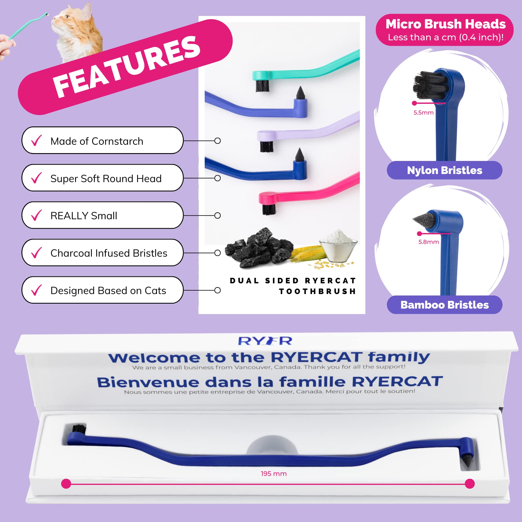 RYERCAT Dual Sided Cat Toothbrush for Kittens - Micro Head, Space Blue, 1 Count