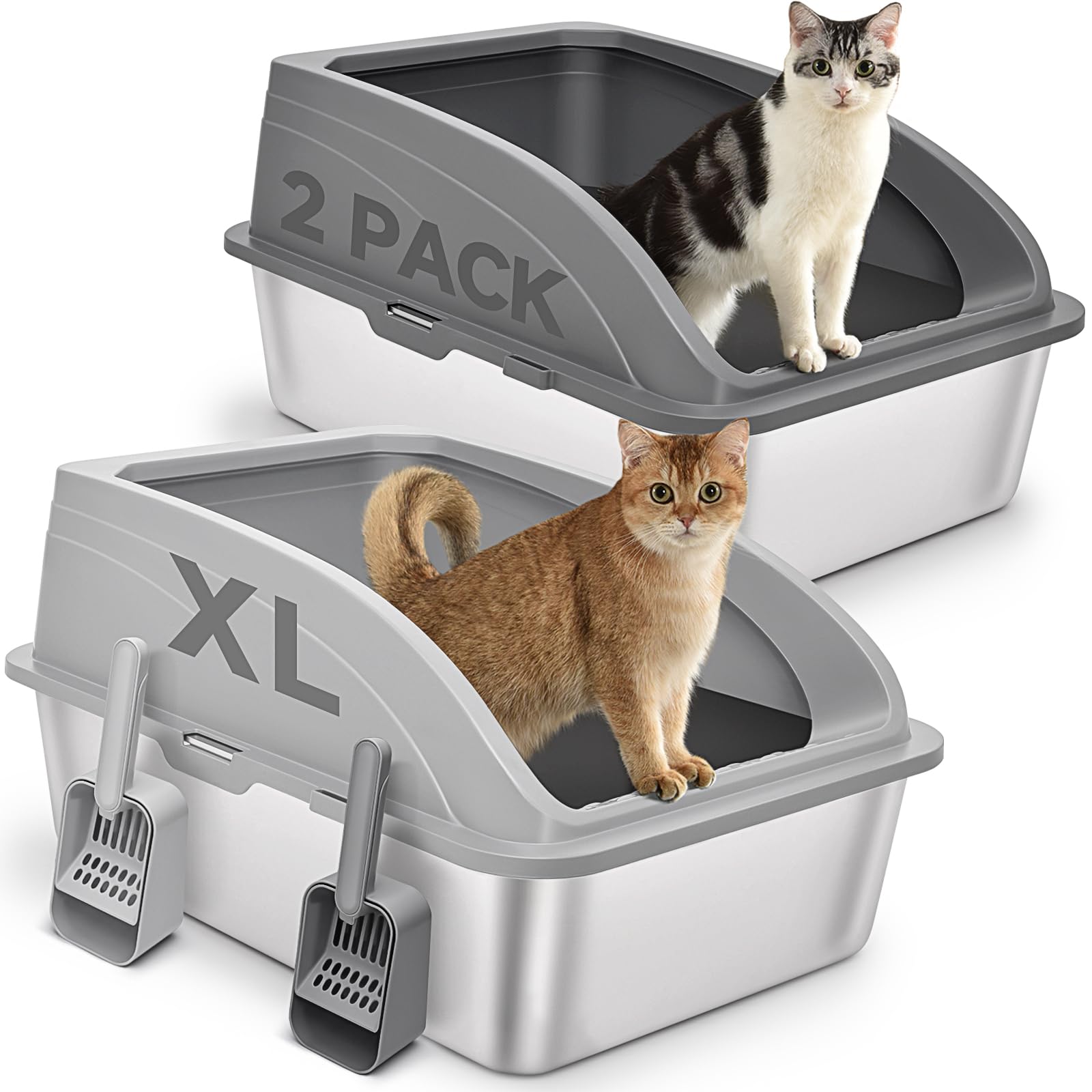 2 Pack Stainless Steel Cat Litter Box With Lid, Xl Extra Large For Big Cats, 24'' L X 16'' W X 12'' H, Metal Litter Box High Sid