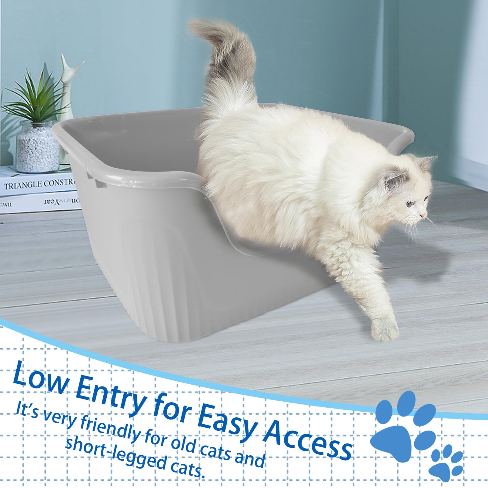Muyg Large Cat Litter Box With High Sides,17.5X15X8.9 Open Top Anti Splashing Non-Stick Low Entry Litter Tray For Cats Eas
