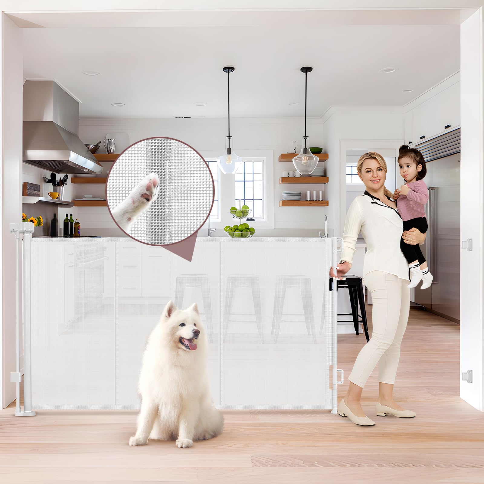 Reinforced 41 Inch Extra Tall Retractable Dog Gate 80 Inch Extra Wide Baby Gate with Support Rods - Prevents Crawling Under, Ind