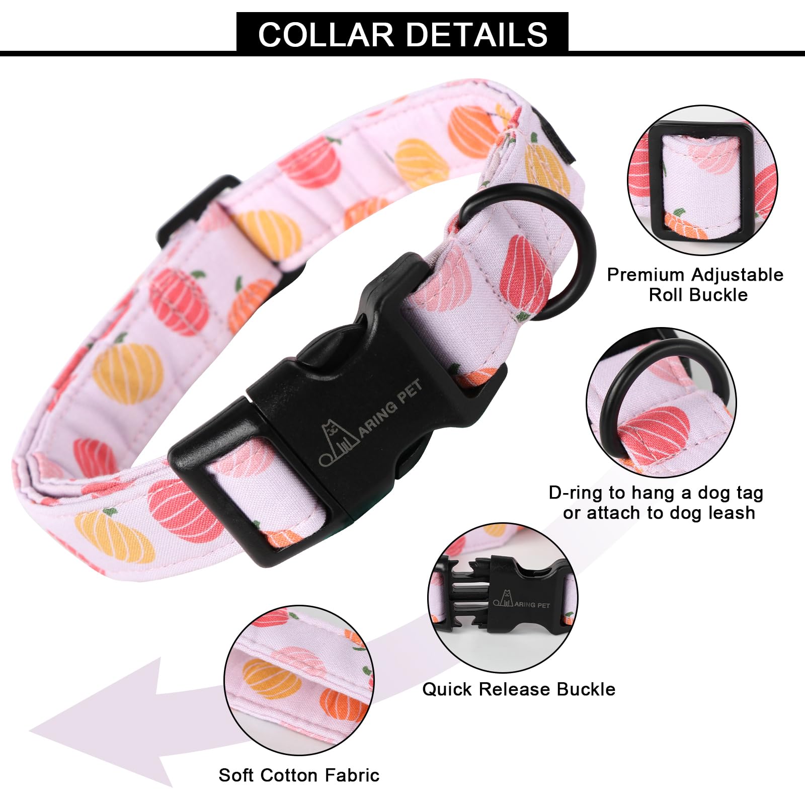 Aring Pet Halloween Dog Collar-Cute Pumpkin Dog Collar For Small Dogs, Cotton Pink Girl Dog Collars With Quick Release Buckle For Small Medium Large Dogs