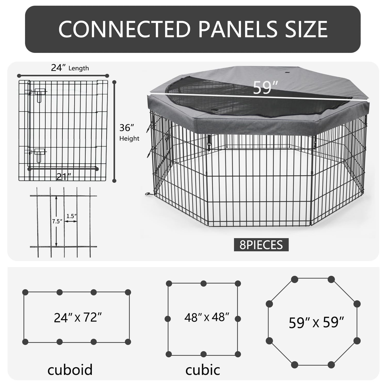 PETIME Foldable Metal Dog Exercise Pen, 8 Panel Playpen with Top Cover, 24" W x 36" H, Gray, Indoor/Outdoor Use