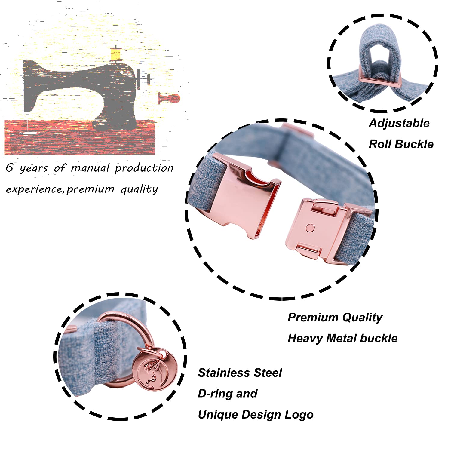 Dogwong Hemp Cotton Dog Collar With Bow, Blue Pet Collar Durable Adjustable Puppy Collar For Small Dogs