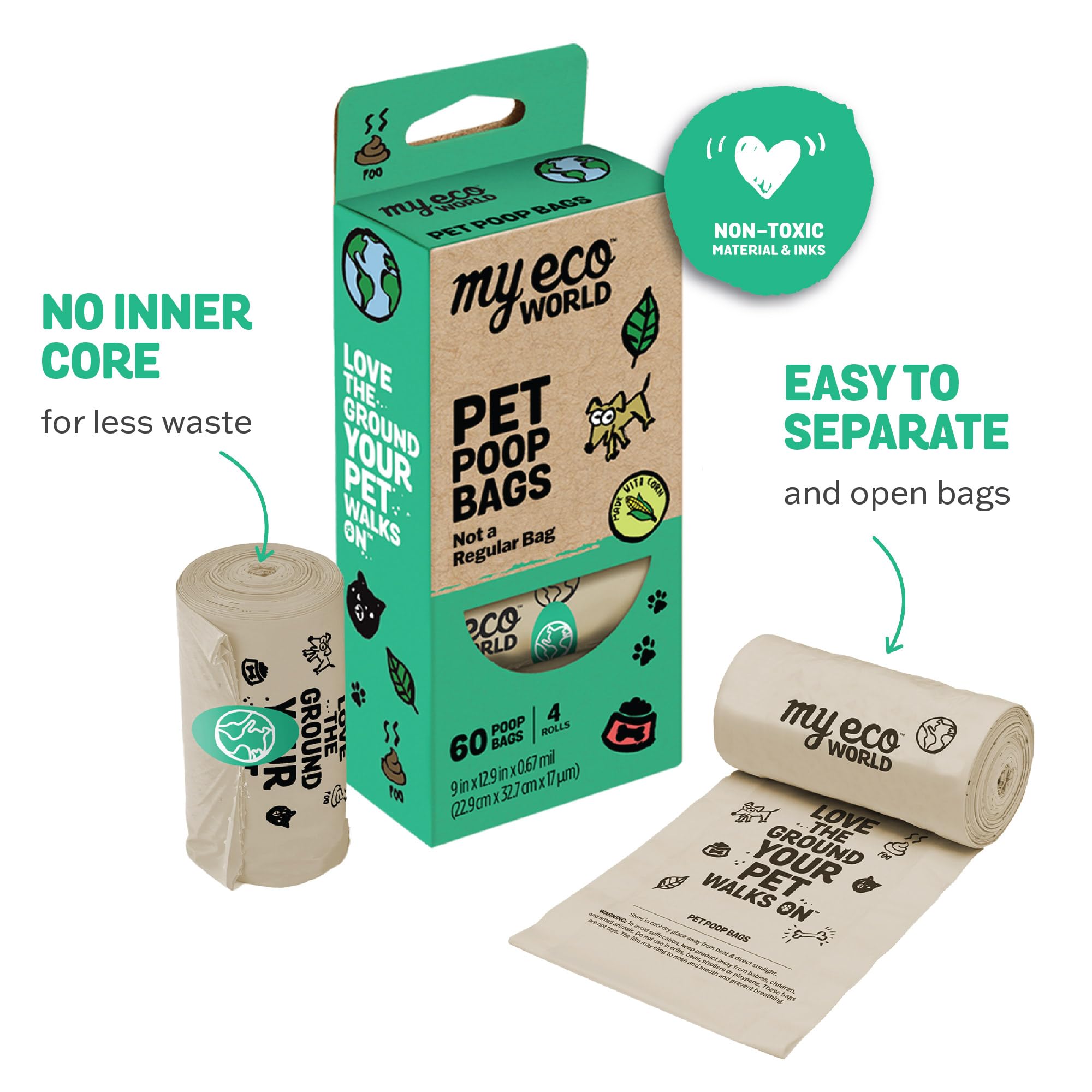 Myecoworld Compostable Pet Poop Bags - Made With Corn And Other Certified Compostable Materials - 60 Bags - 4 Roll - Extra Stron