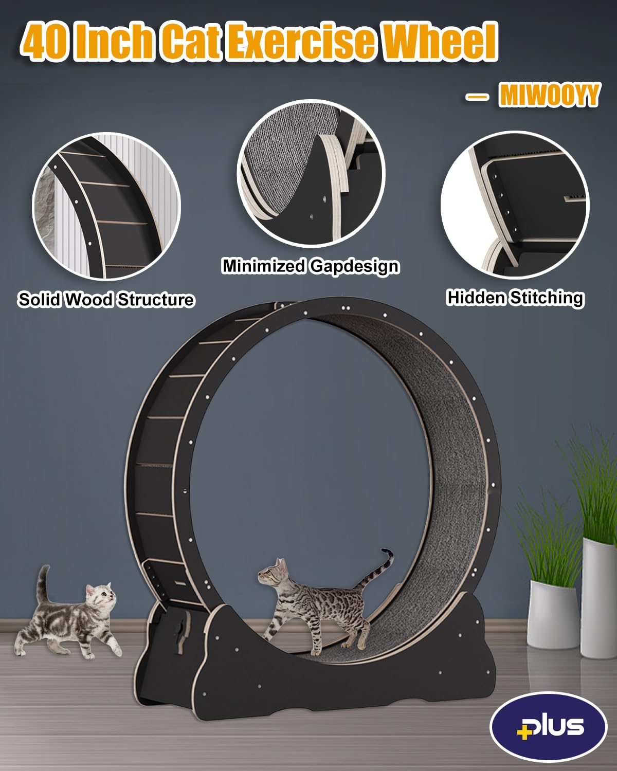 Large Cat Exercise Wheel 40 inch - Black Solid Wood Cat Wheel Exerciser for Indoor Cats, Safety Cat Treadmill with Lock & Minimi