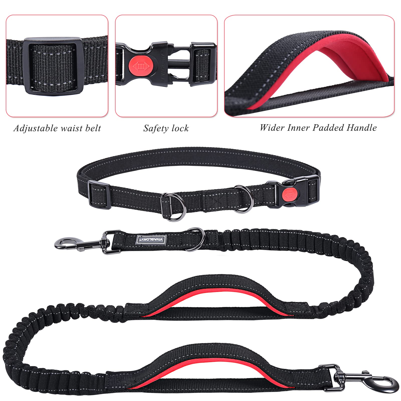 Vivaglory Hands Free Dog Running Leash With Dual Advanced Anti-Shock Bungees And Padded Handles, Reflective Waist Jogging Leash With Adjustable Belt For Training For Medium Large Dogs, Black/Red