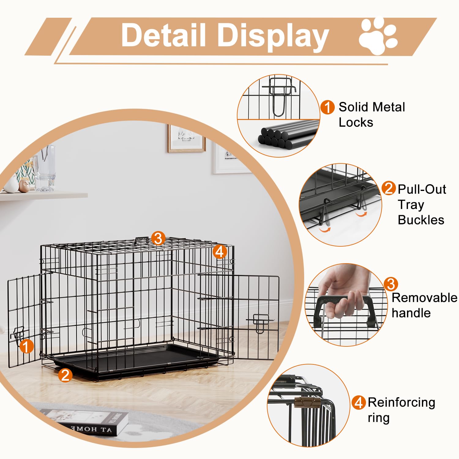 FDW 24inch Dog Crate Pet Cage with Metal Folding Design Plastic Tray Indoor Outdoor Dog Kennel Cage for Small Dogs,Black