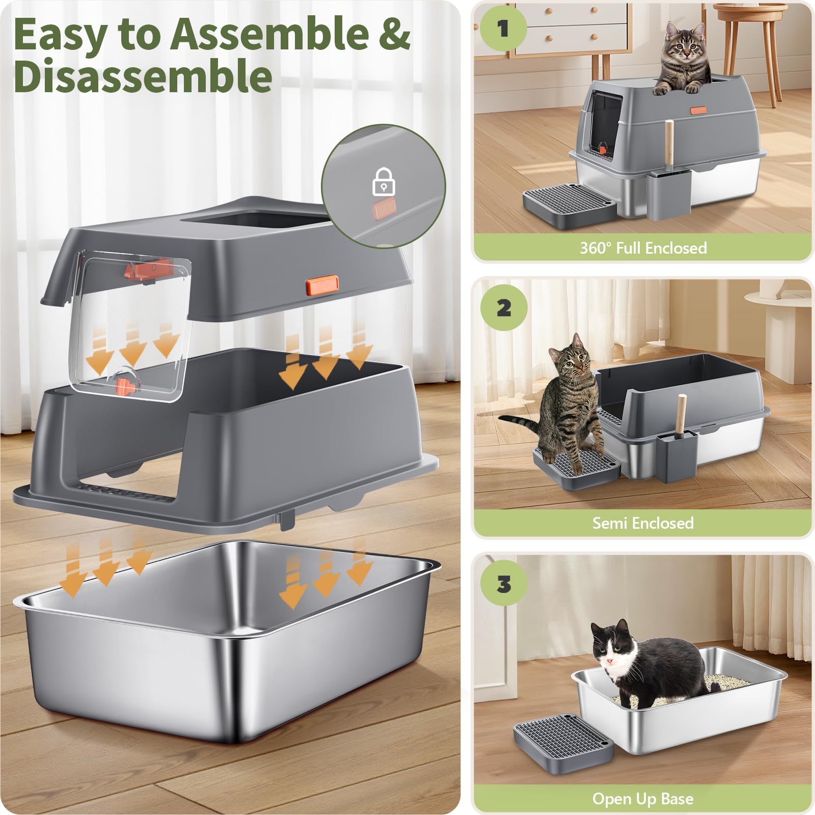 Gimars 3 In 1 High Sided Anti-Leakage Stainless Steel Cat Litter Box With Lid, Extra Large Enclosed Easy Cleaning Litter Box Wit