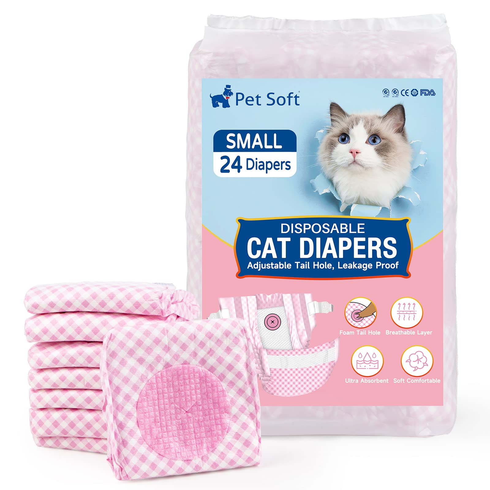 Pet Soft Disposable Cat Diapers - Diapers For Female & Male Cats, Puppy Doggie Diapers For Female Dogs With Adjustable Foam Tail Hole, 24Pcs Small