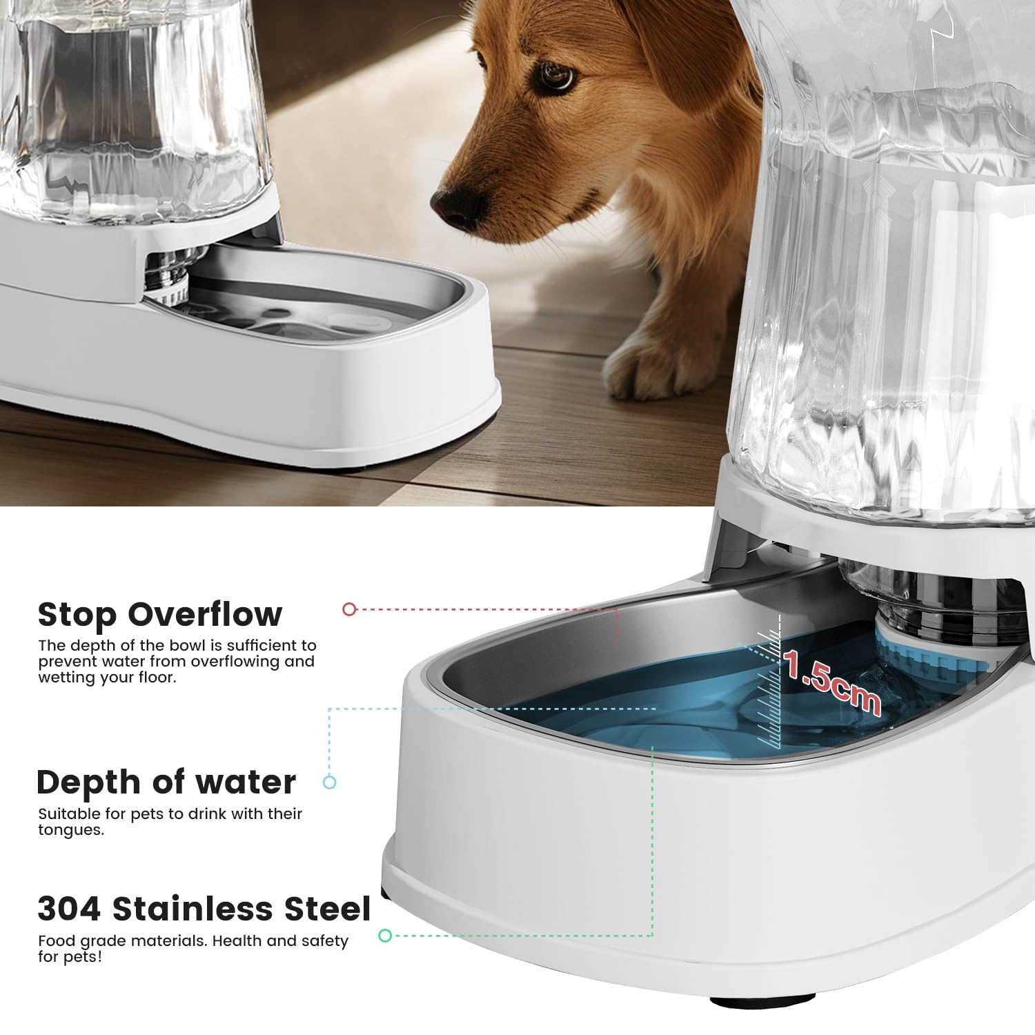 Gardner Pet Automatic Dog Water Dispenser - 2.1 Gallon Stainless Steel Feeder for Medium & Large Dogs, White