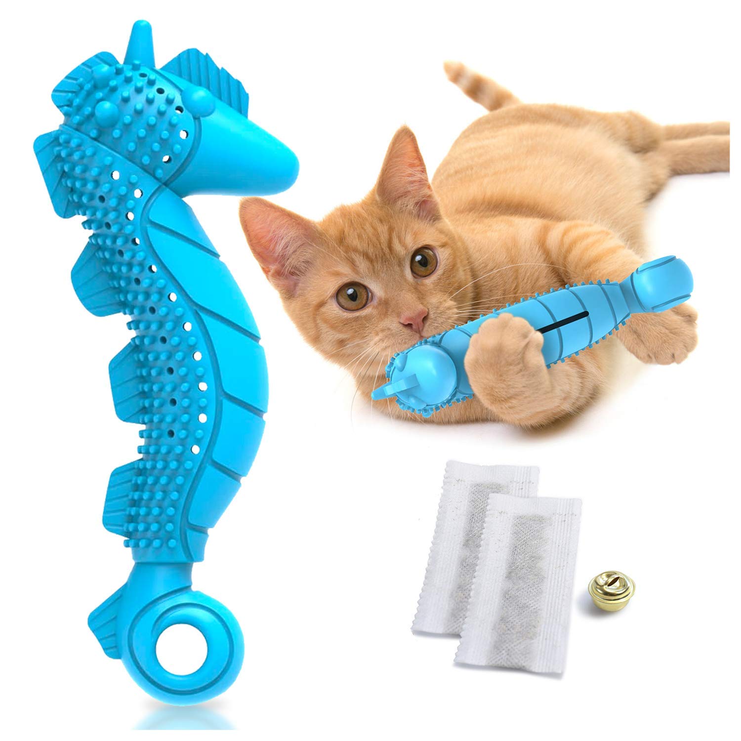 Ronton Cat Toothbrush Catnip Toy - Durable Hard Rubber - Cat Dental Care, Cat Interactive Toothbrush Chew Toy (1 Pack_Seahorse)
