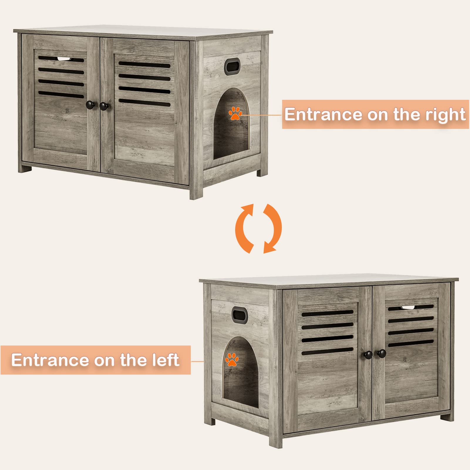 Dinzi Lvj Litter Box Enclosure, Cat Litter House With Louvered Doors, Entrance Can Be On Left Or Right Side, Spacious Hidden Washroom For Most Of Box, Furniture Cabinet, Gray Wash