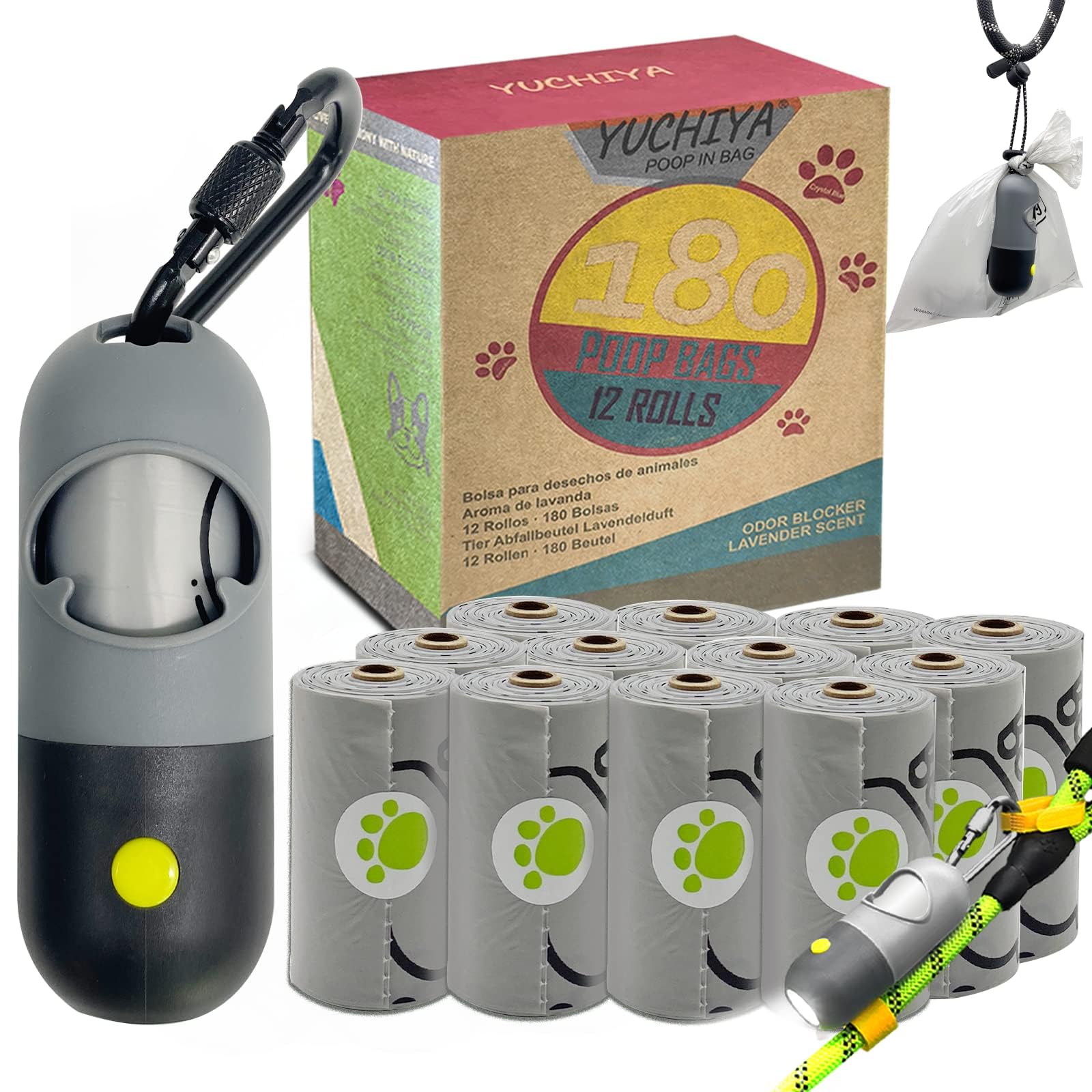 Dog Poop Waste Bags Holder with LED Flashlight|Cute Doggie Poo Bags Dispenser for Pet Leash|Trash Waste Bags Carrier with Potty 