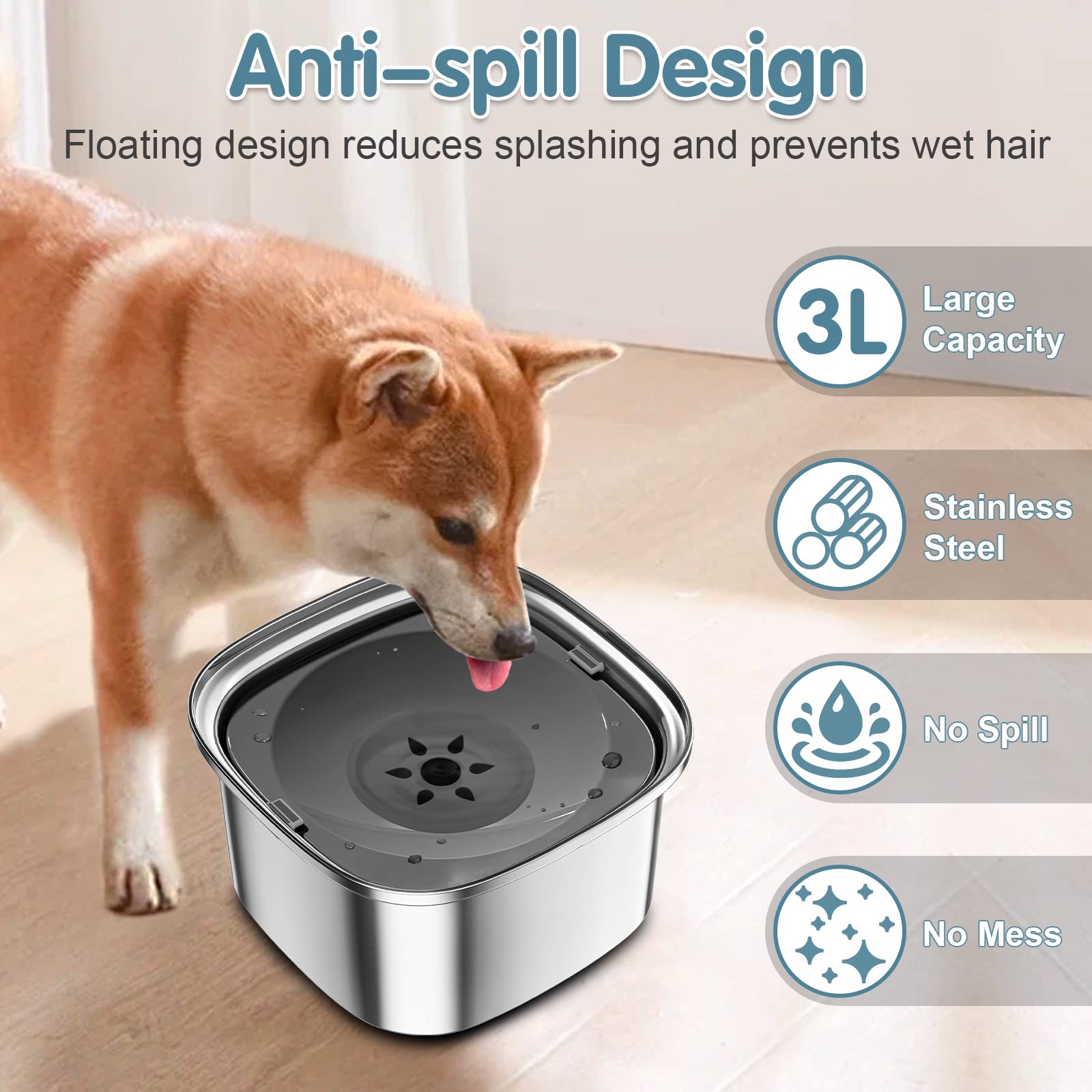 UPSKY 3L Dog Water Bowl No Spill, Splash Proof Dog Bowl Stainless Steel No Mess Slow Drinking Water Bowl, Dark Grey