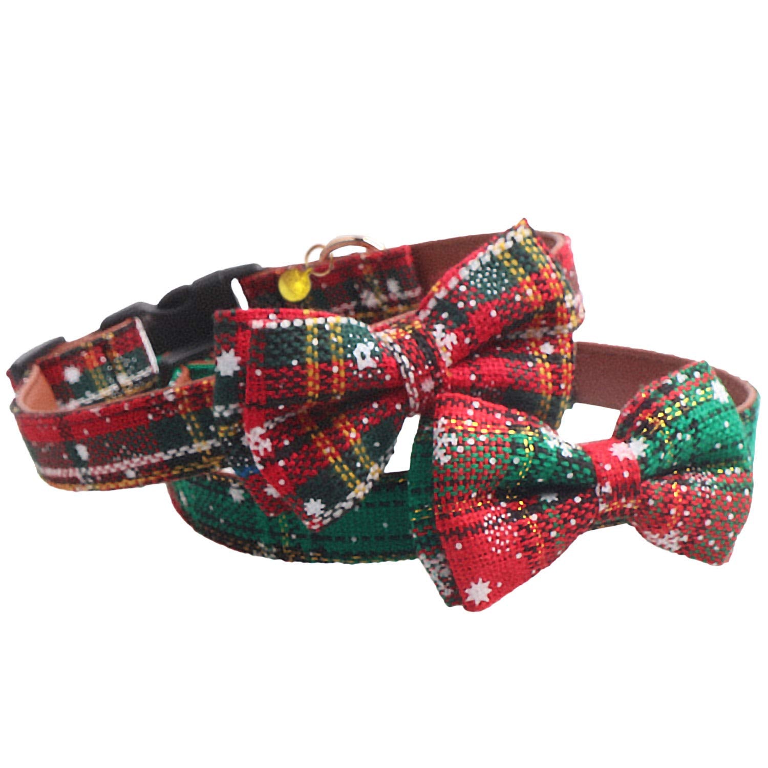 Kudes 2 Pack/Set Christmas Snowflake Dog Collars Breakaway With Bow Tie And Bells For Cat And Small/Medium/Large Pets, Red & Gre