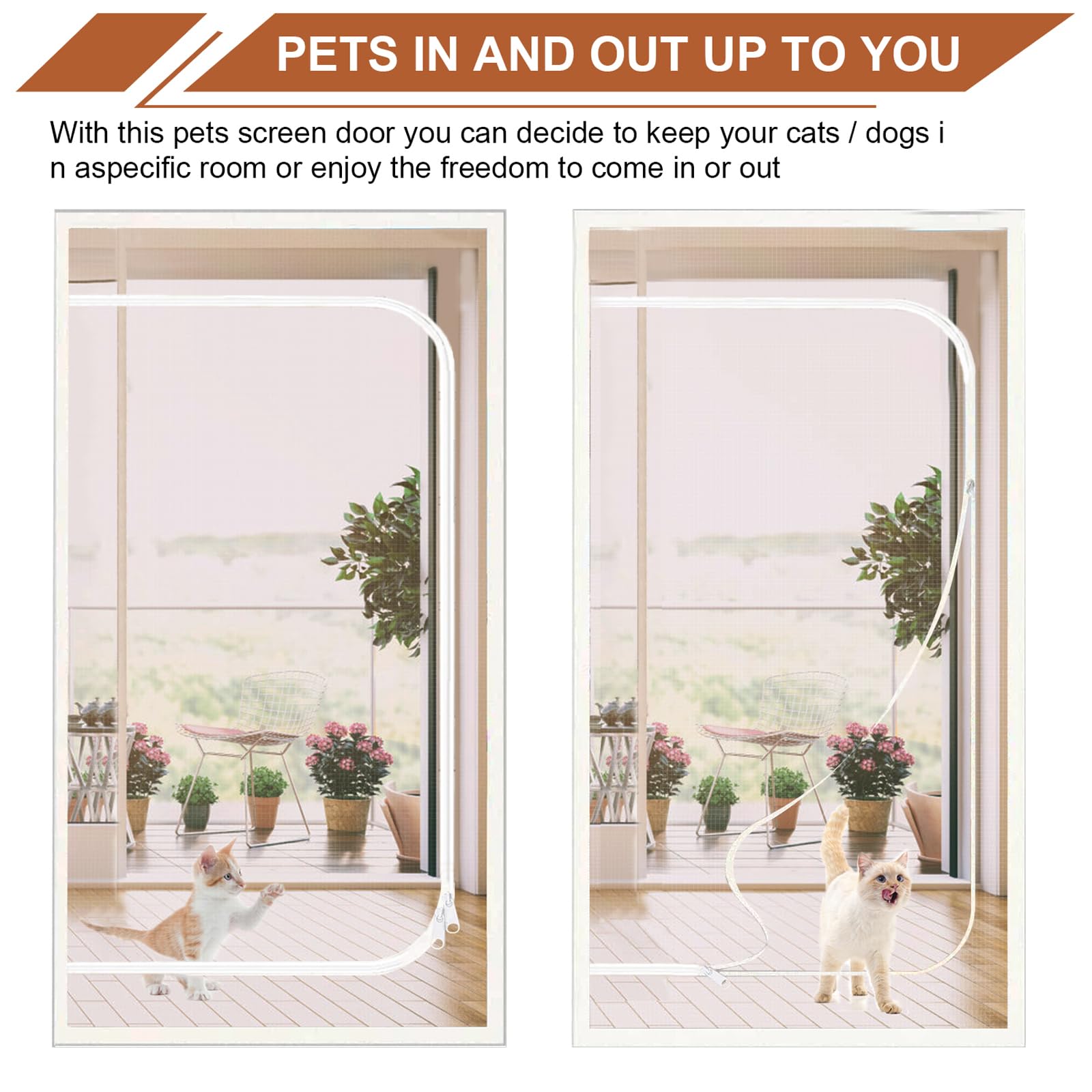 Reinforced Cat Screen Door Fits Door Size 36x 80, Heavy Duty Pets Proof Screen Mesh with Zipper, Prevent Dogs Cats Running O