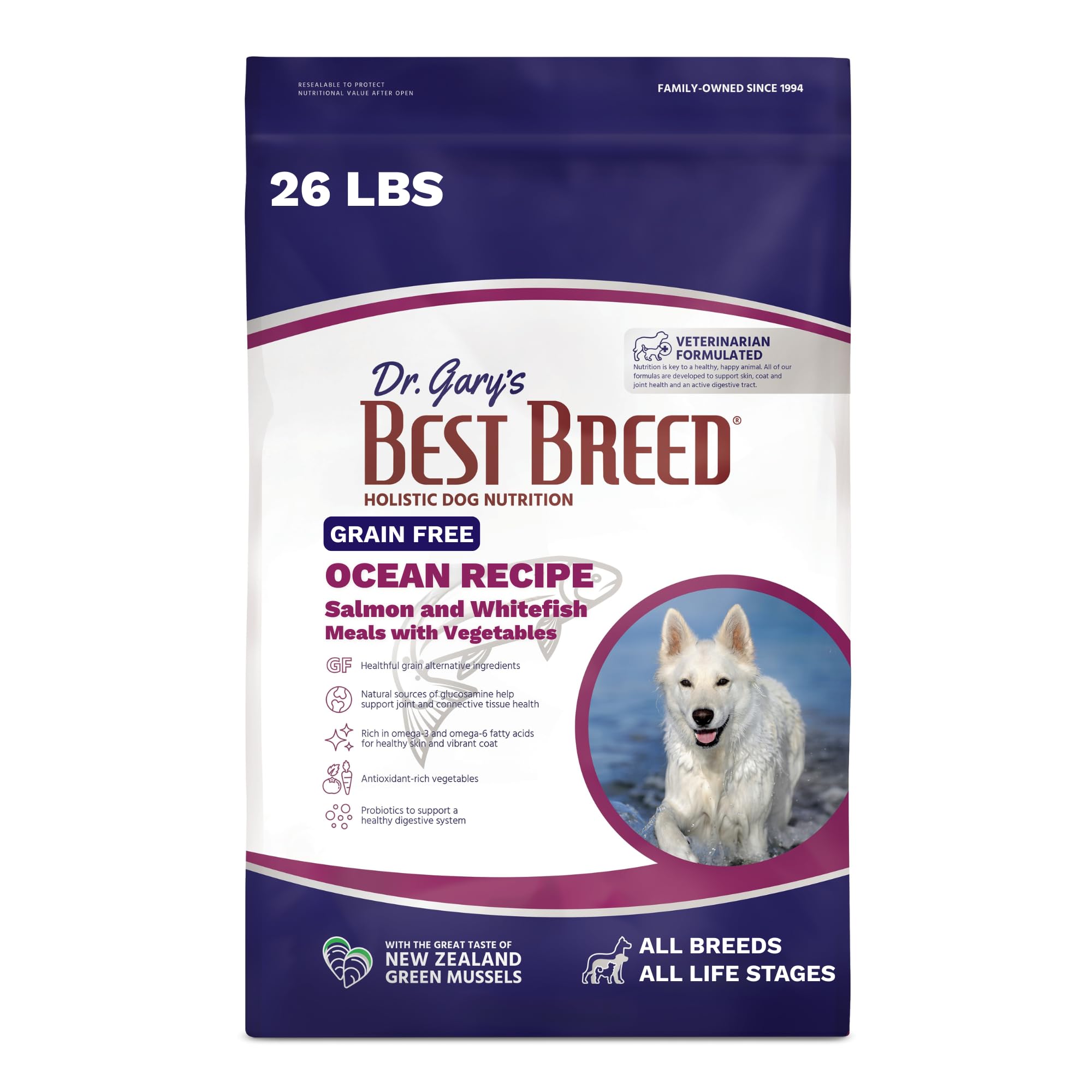 Dr. Garys Best Breed Grain Free Ocean Recipe Slow-Cooked in USA, Natural Dry Dog Food for All Breeds and Sizes, 26lbs.
