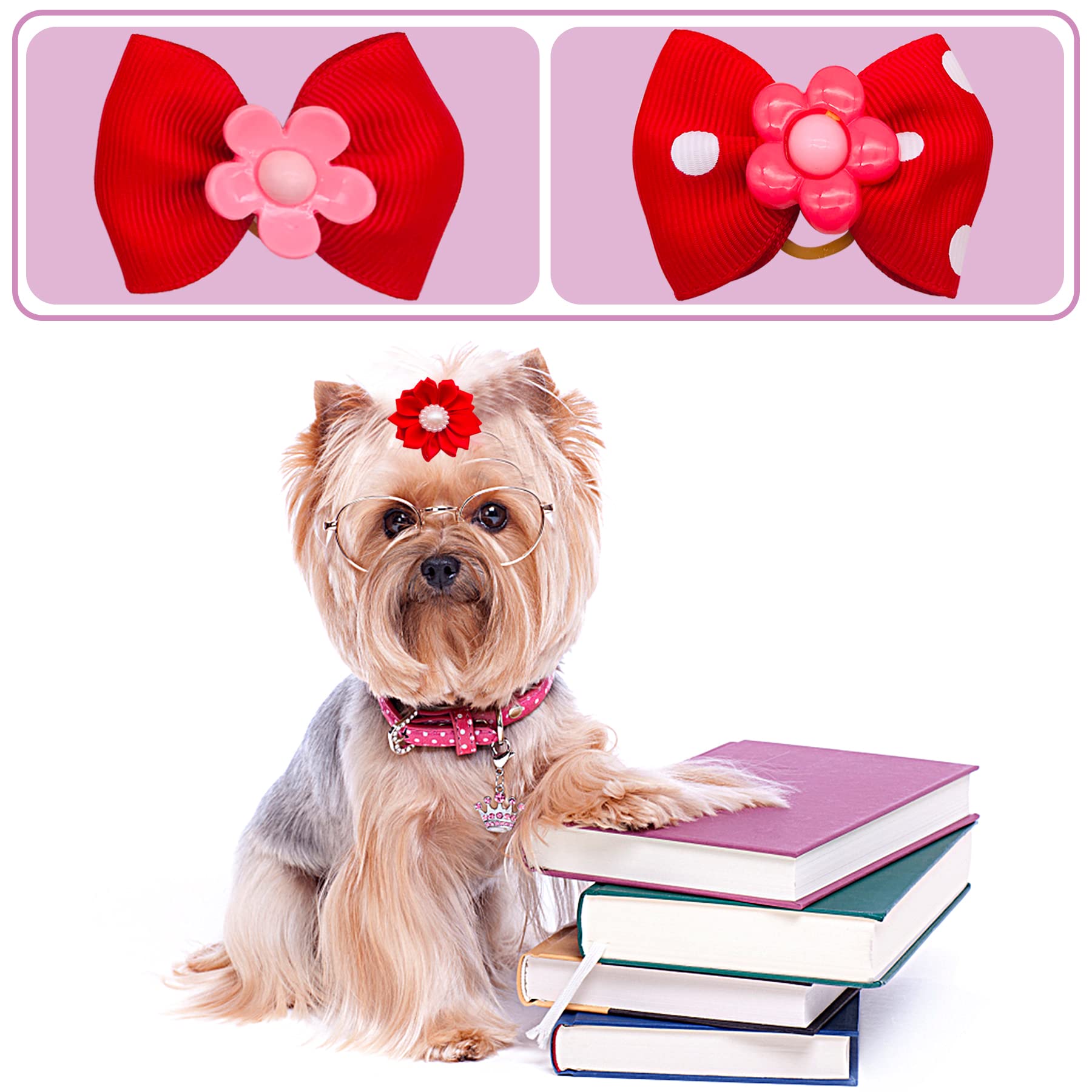 Jpgdn 30Pcs/15Pairs Dog Hair Bows With Rubber Bands Puppy Hair Bowknot Top Knot Elastic Red For Girl Female Doggy Cat Rabbit Poodle Pet Animal Grooming Accessories Attachment