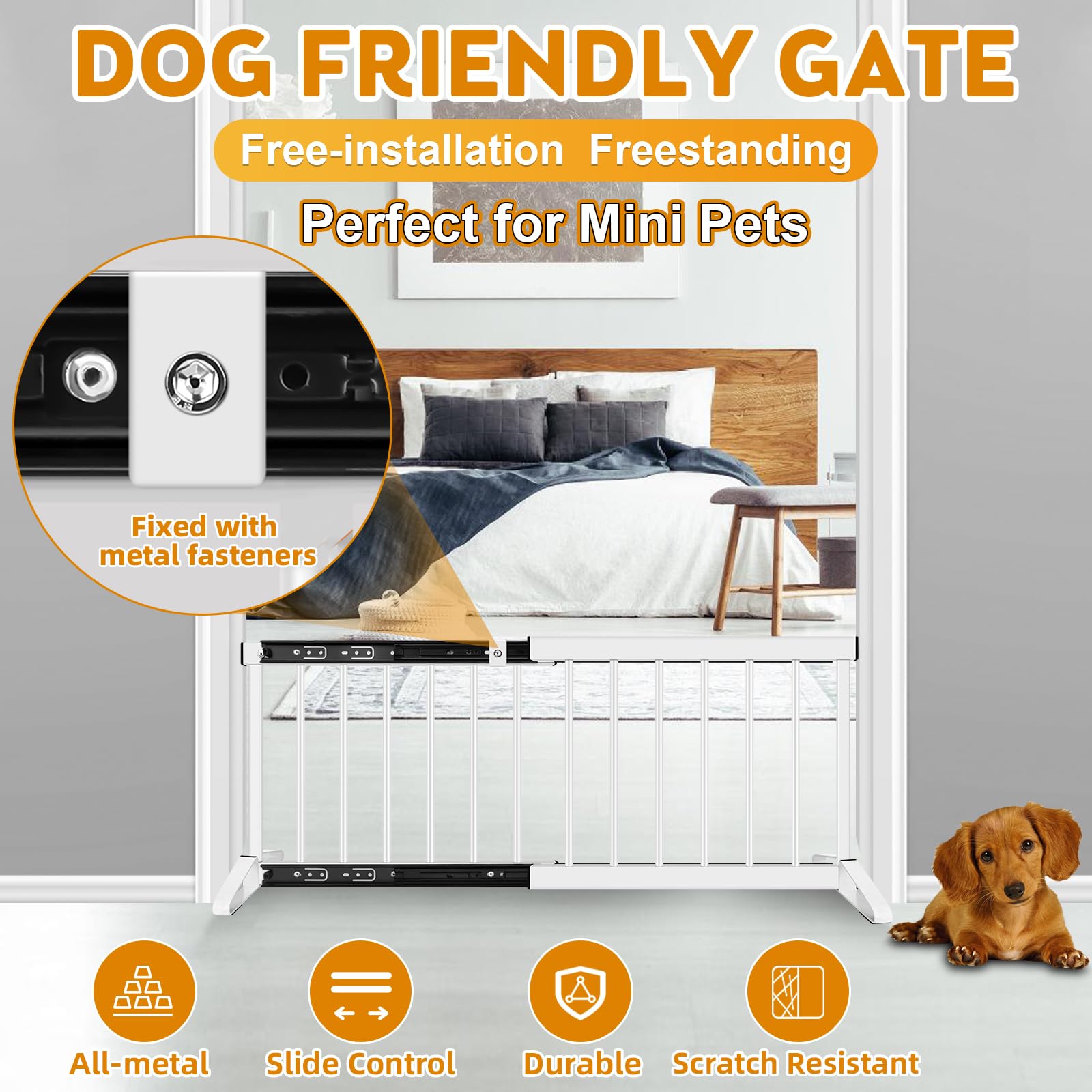 White Metal Dog Gate for Small Dogs - 13.3 Short Freestanding Puppy Gate with Retractable Sliding Rail, No Installation, Indoor/