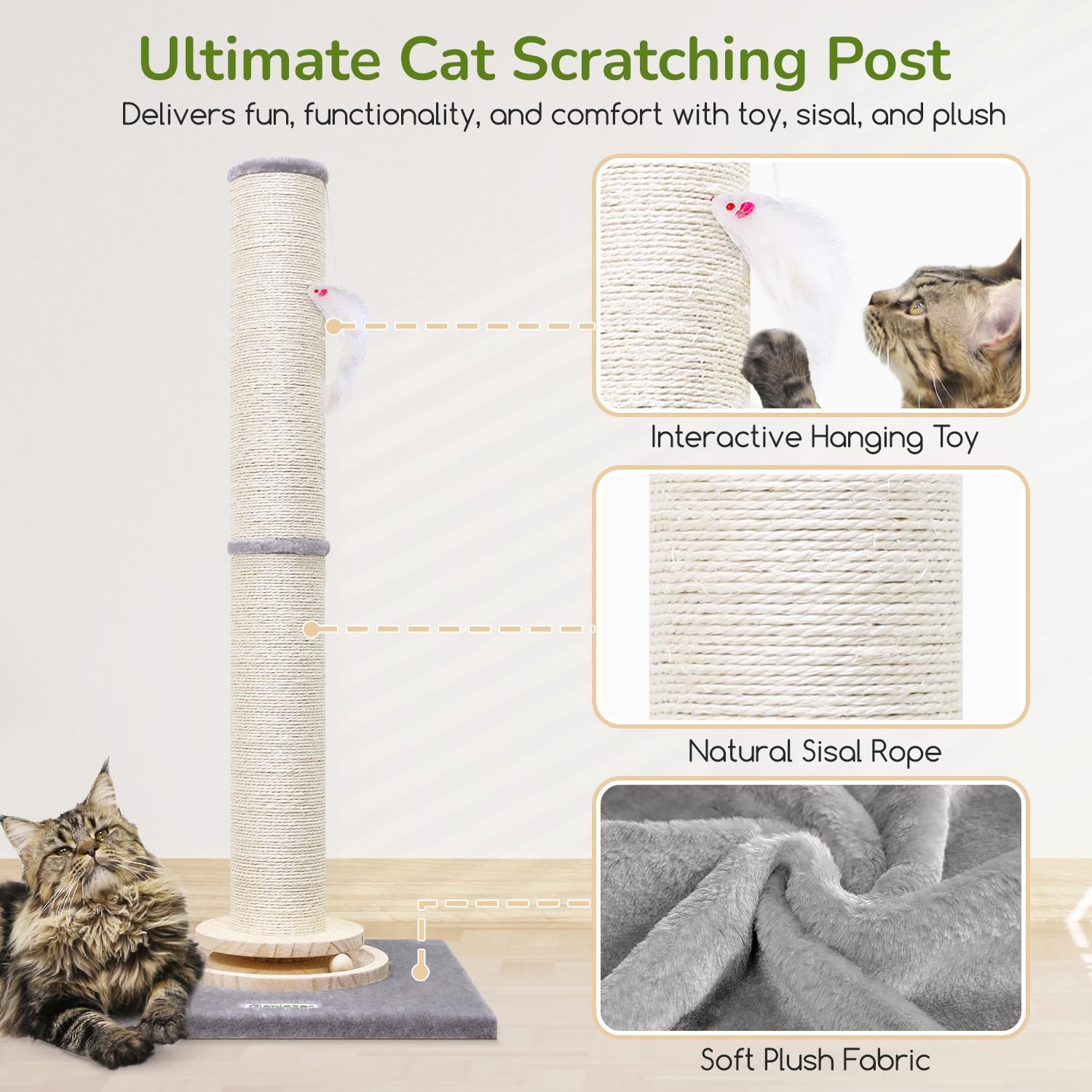 Globlazer Sc35 Extra Thick Large Scratching Post For Indoor Cats Adults And Kittens, 35In Tall Natural Sisal Rope Scratcher Post