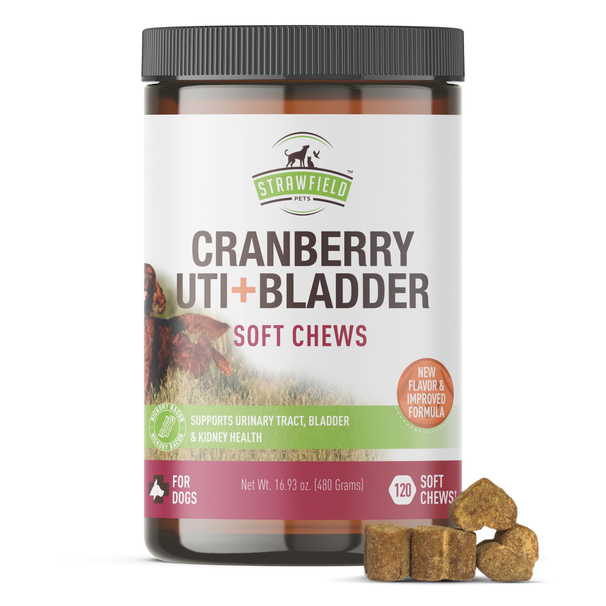 Strawfield Pets Cranberry Bladder & UTI Chews for Dogs D-Mannose + Vitamin C for Urinary Tract Support Bacon Flavored Soft Chews