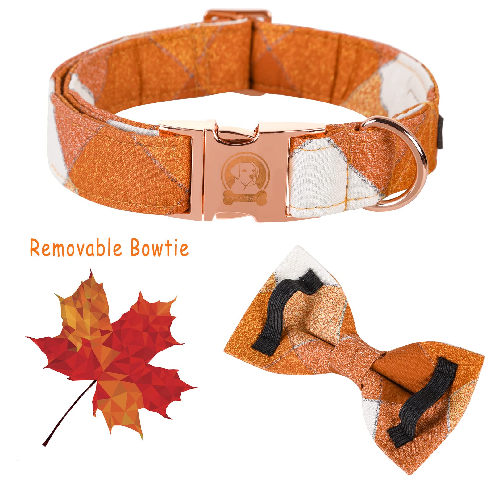 Mr. Chubbyface Fall Adjustable Dog Collar Bow Tie - Cute Plaid For Small, Medium, Large Dogs - Orange, Girl/Boy