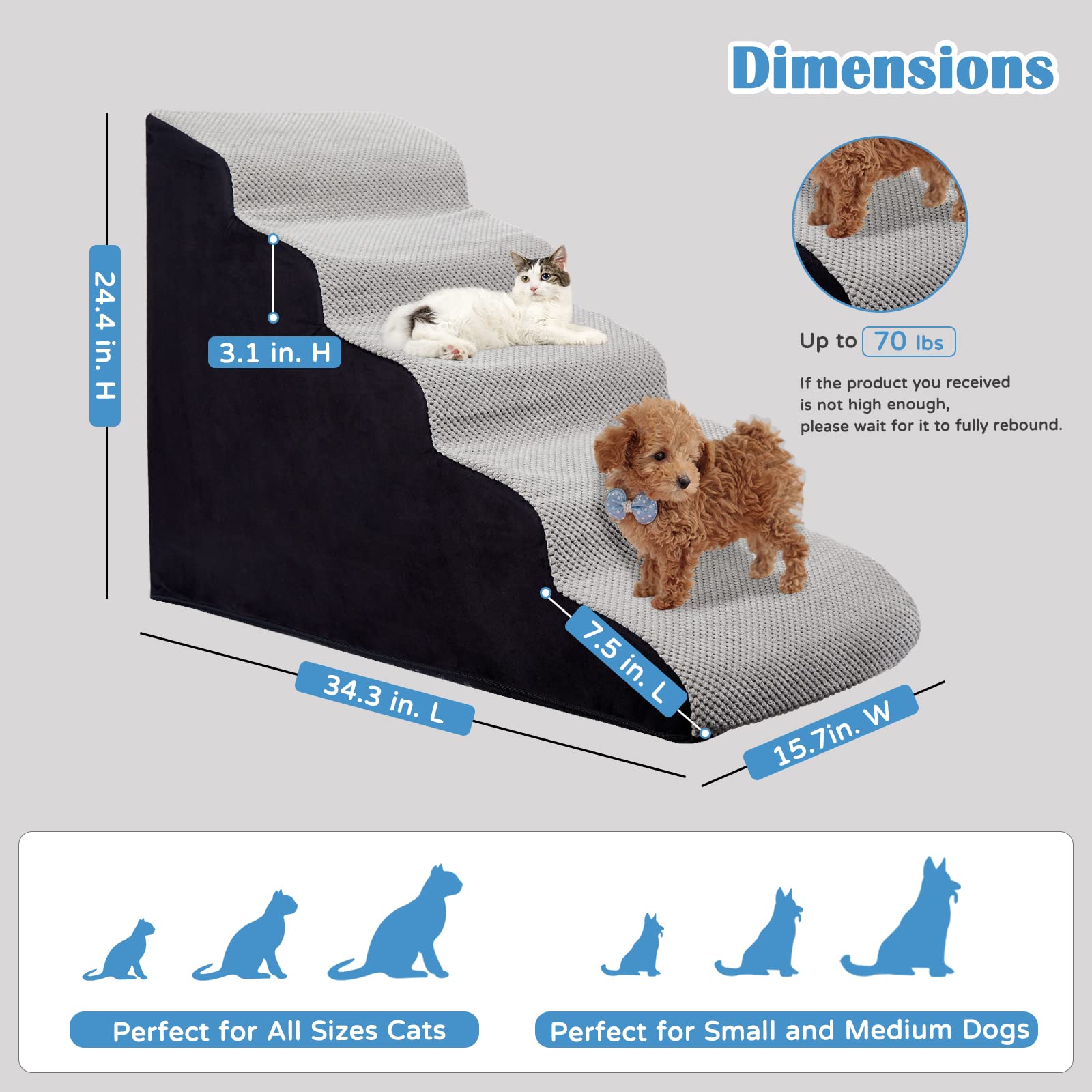 Dog Stair Steps/Ramps for High Beds 24 inches Tall, 5-Step Slope Dog Stairs for Couch/Bedsides 25-28 inches, Pet Stairs for Smal