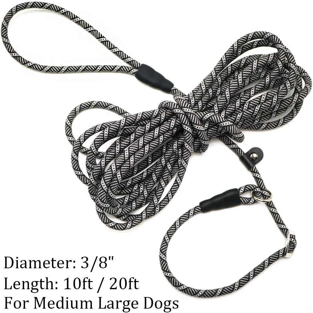 Yucforen 10Ft / 20Ft Long Slip Lead Dog Leash, 3/8' Thick Nylon Reflective Rope Anti-Choke Training Lead For Medium Large Dogs Black