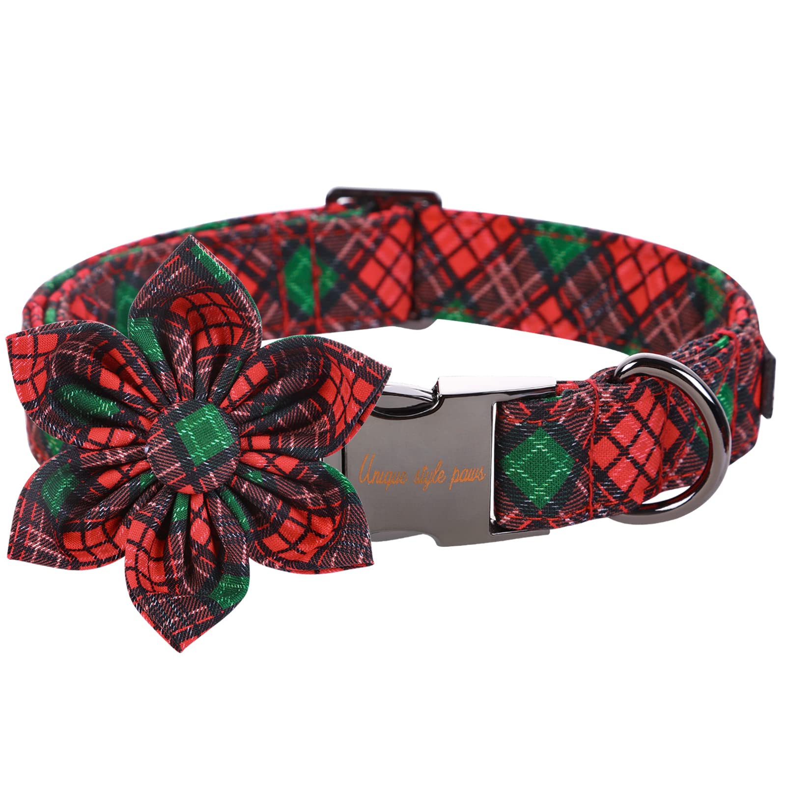 Unique Style Paws Christmas Dog Collar With Flower Tie Red Green Plaid Adjustable Cotton Puppy Collar For Small Medium Large Dogs-Xl