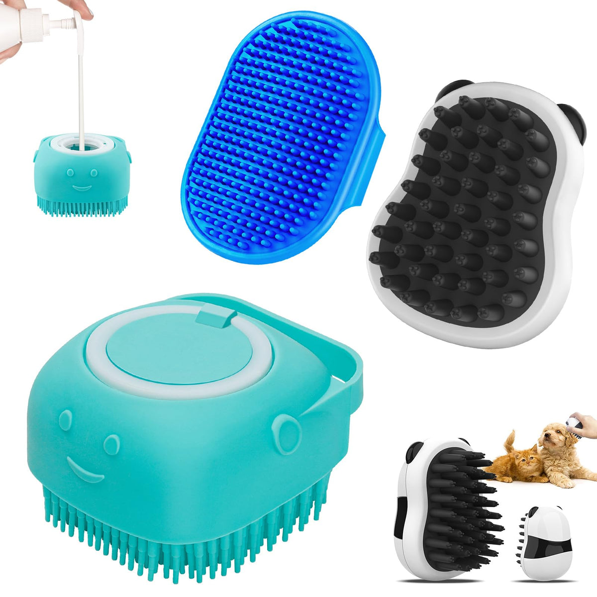 Comotech 3-In-1 Dog Grooming Brush | Adjustable Handle Shampoo Brush & Scrubber For Short & Long Haired Dogs & Cats (Blue)