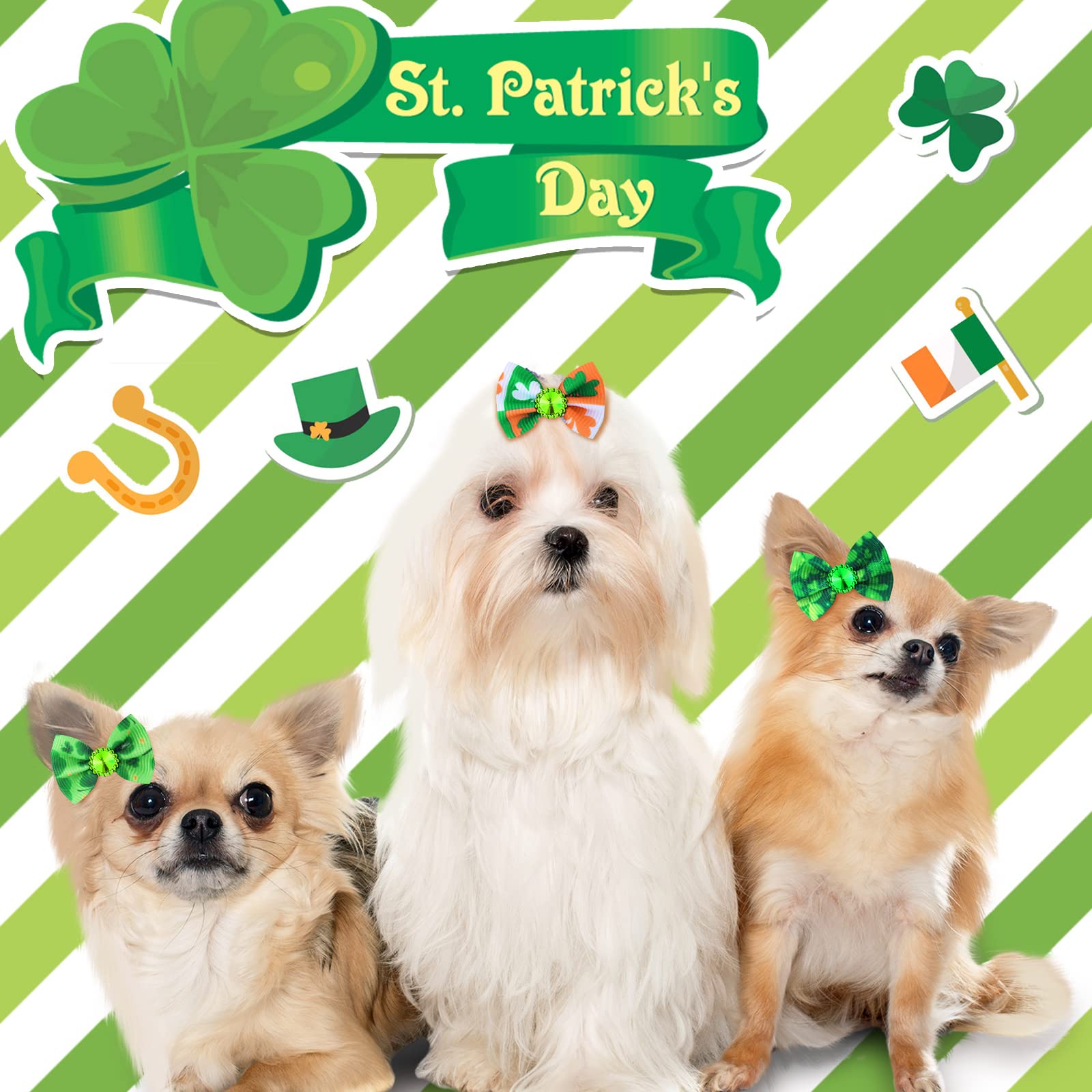 Tondiamo 100 Pack St. Patrick'S Day Dog Hair Bows With Rubber Bands St. Patrick'S Day Puppy Bows Rhinestone Pet Hair Accessories