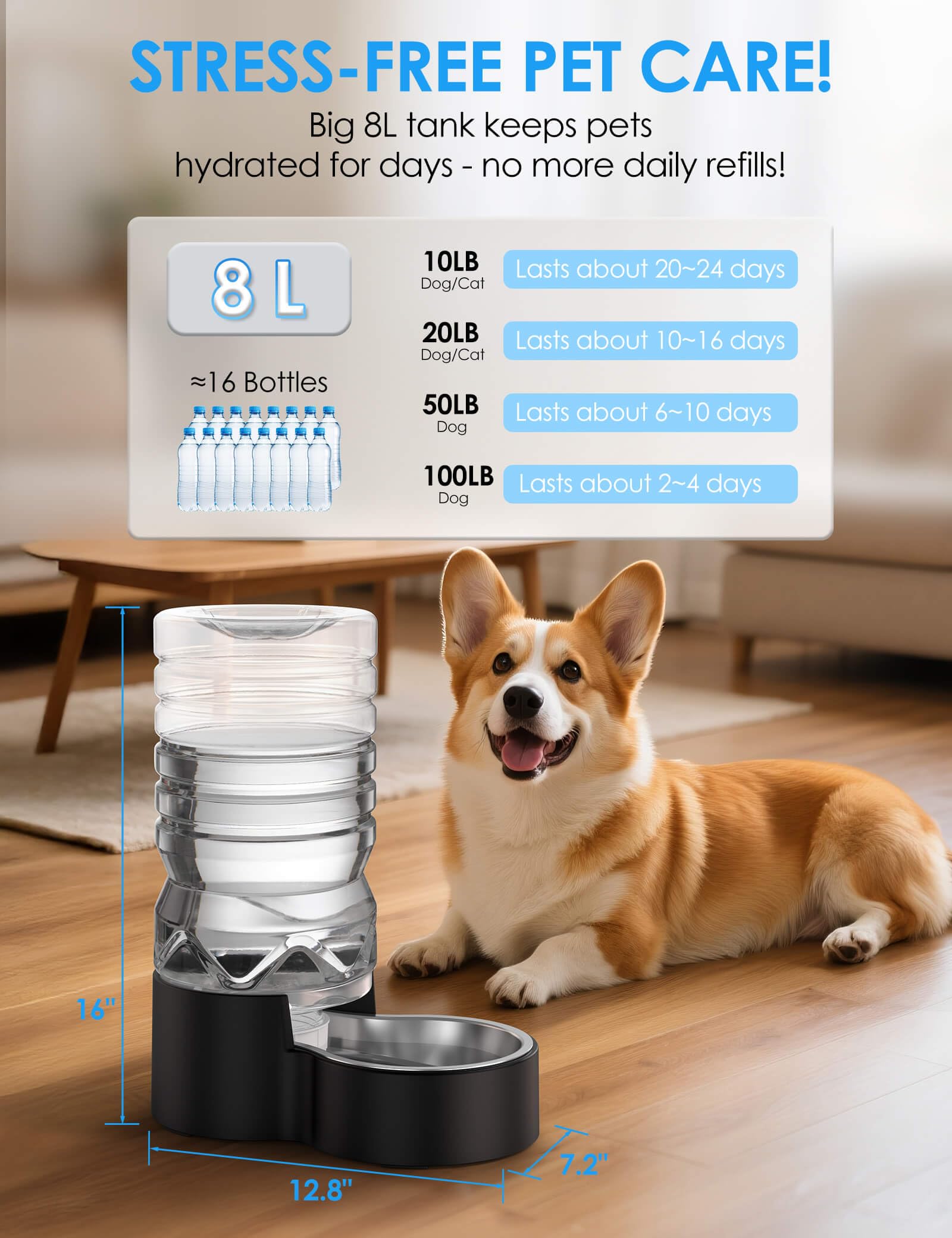 Heouvo 2.1 Gallon Automatic Dog Water Dispenser - Removable Stainless Steel Bowl, Gravity Refilling, Black, Model ADWD202507
